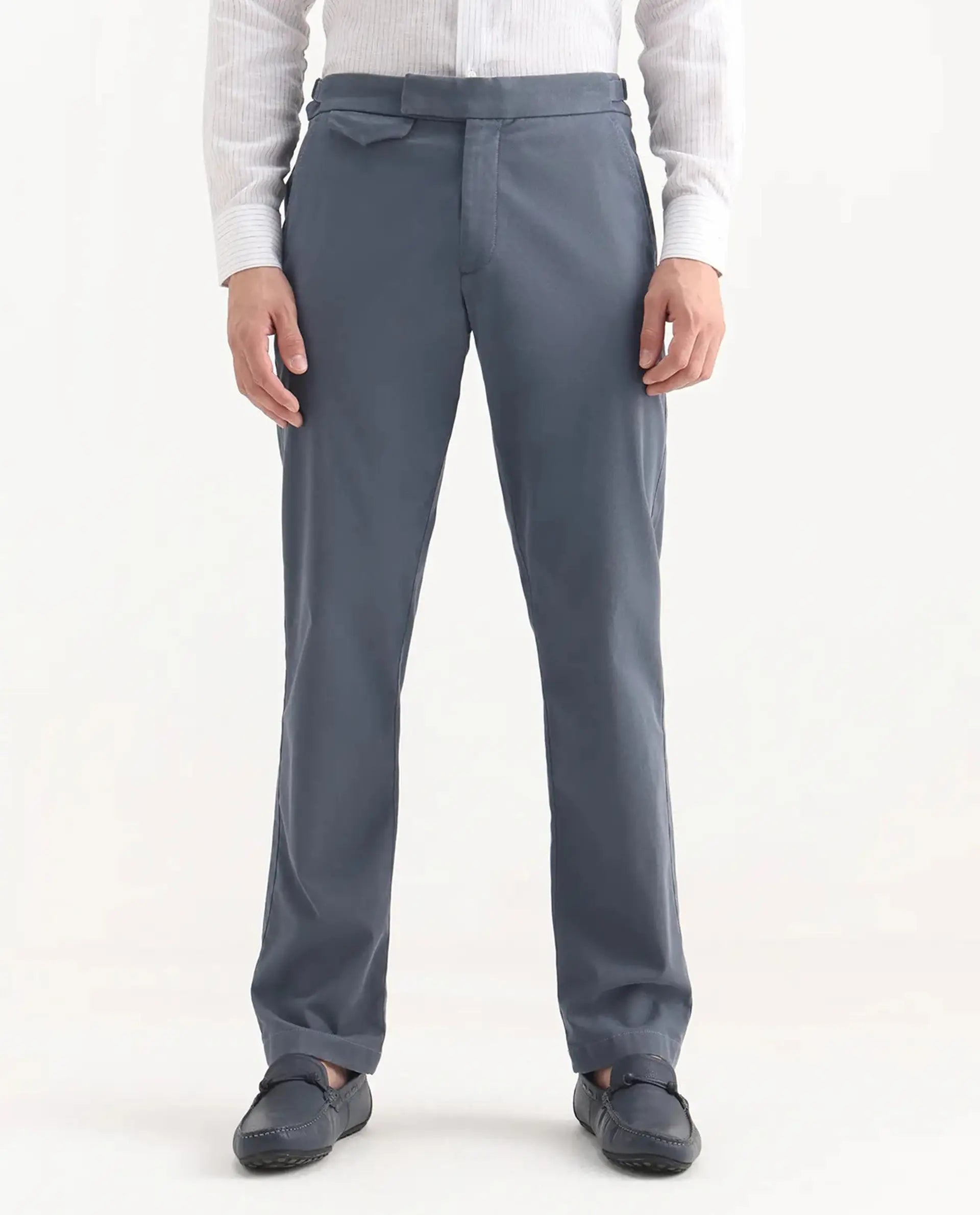 Rare Rabbit Men's Arne Dusky Blue Cotton Blend Plain Regular Fit Trouser