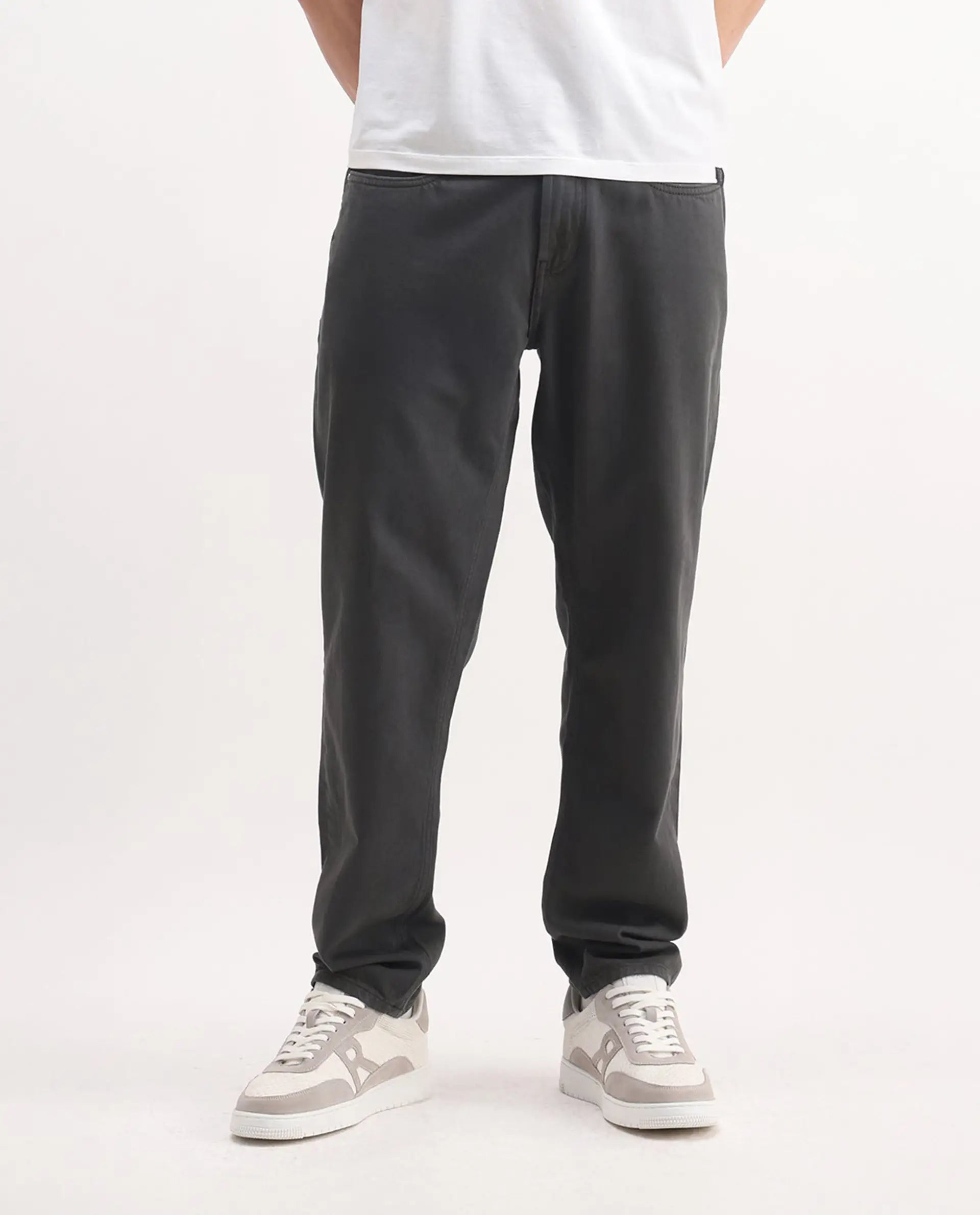 Rare Rabbit Men's Arvi-2 Dark Grey Cotton Blend Plain Dond Carrot Fit Jeans