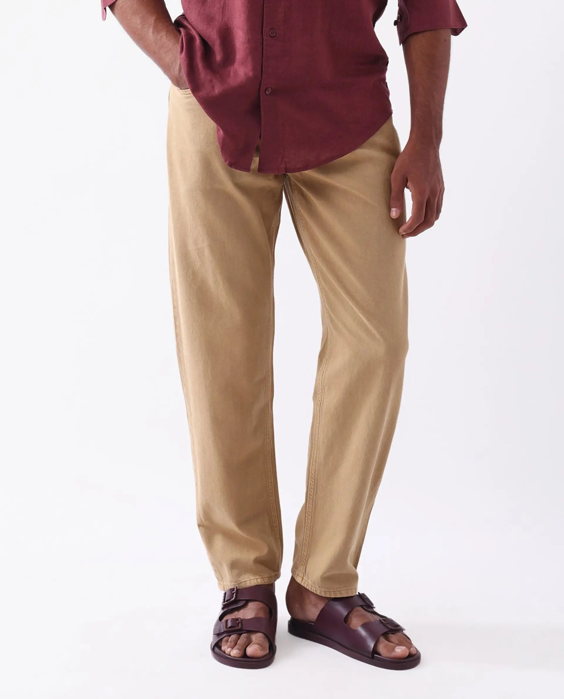 Rare Rabbit Men's Arvi Mustard Cotton Plain Dond Carrot Fit Jeans