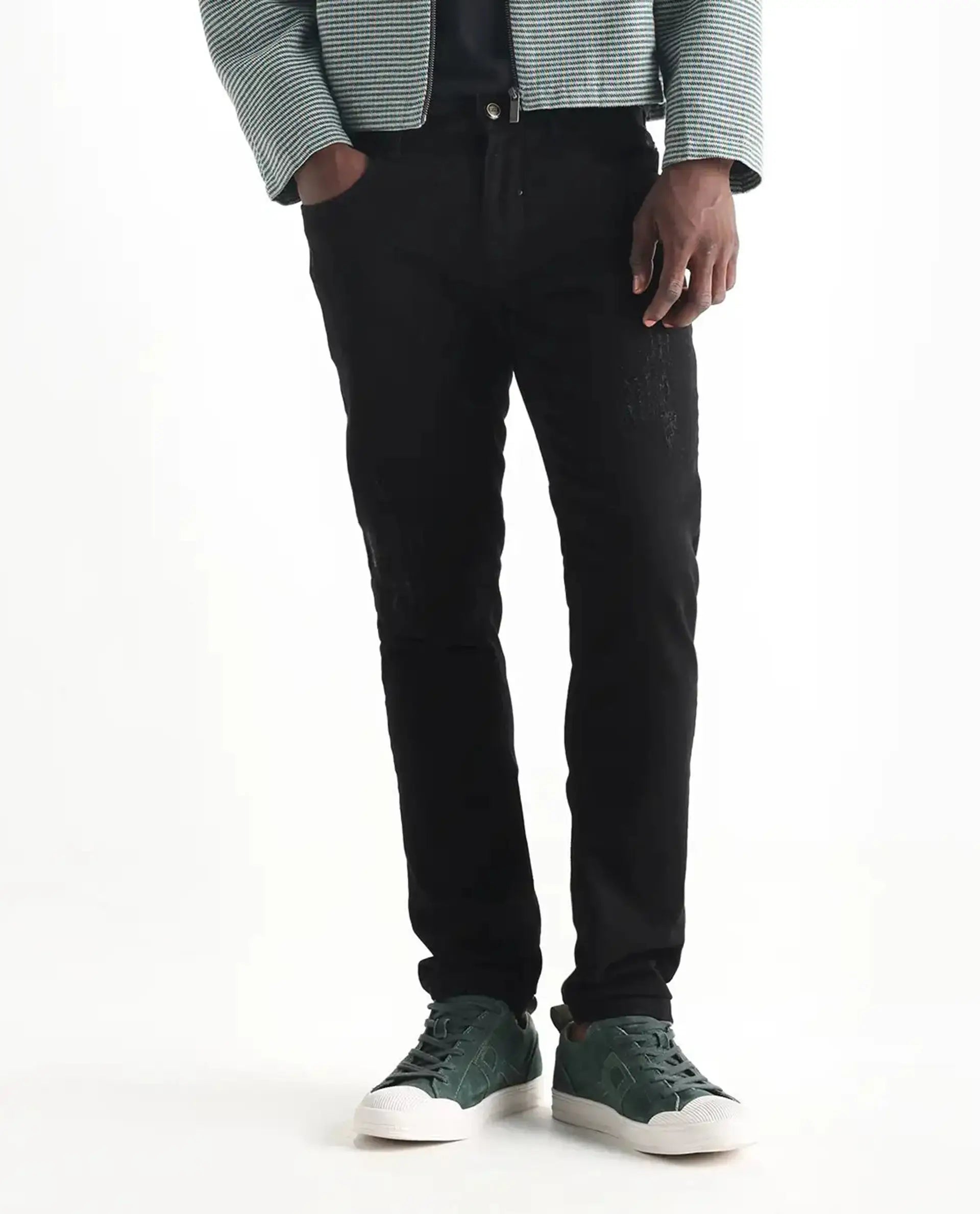 Rare Rabbit Men's Astro Black Cotton Blend Plain Hawk Slim Fit Jeans