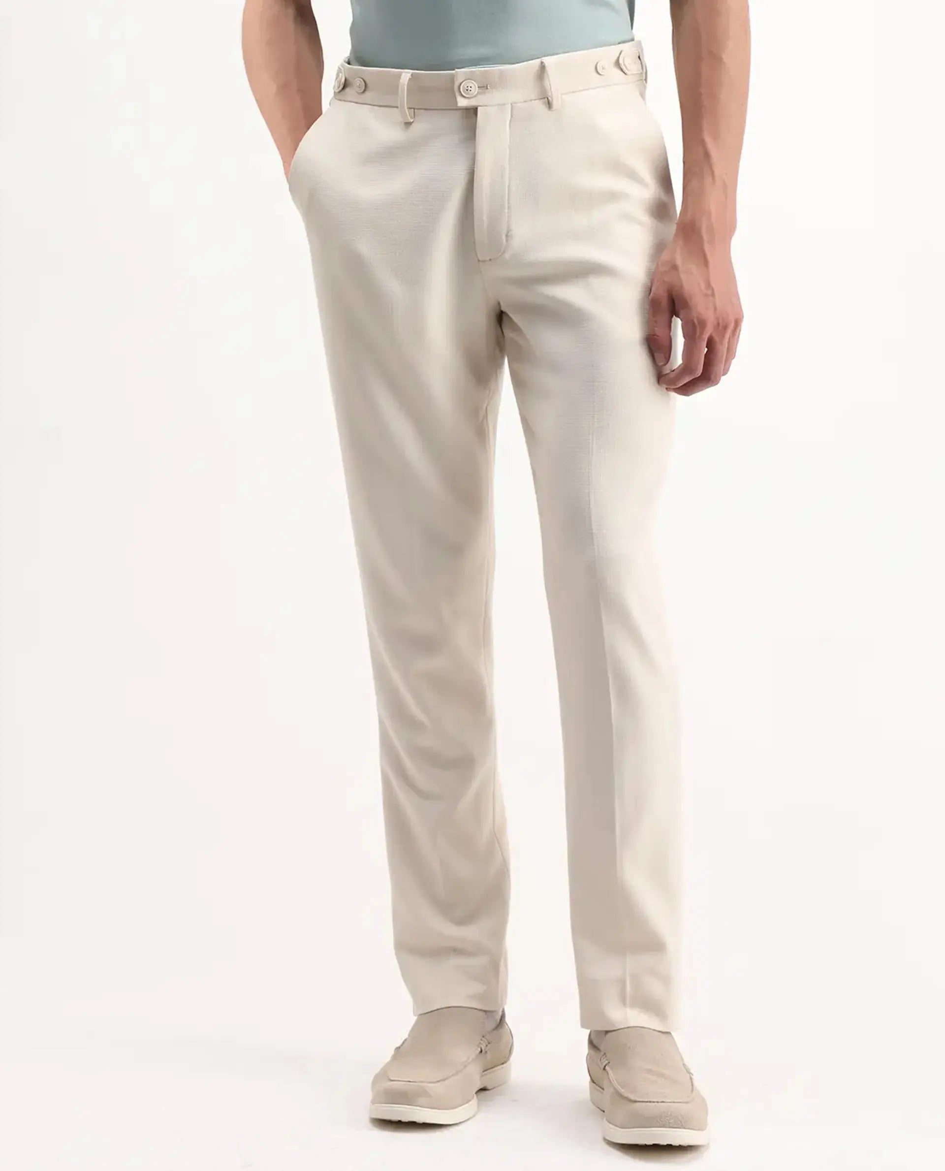 Rare Rabbit Men's Austi-Aw25 Off White Polyester Plain Regular Fit Trouser