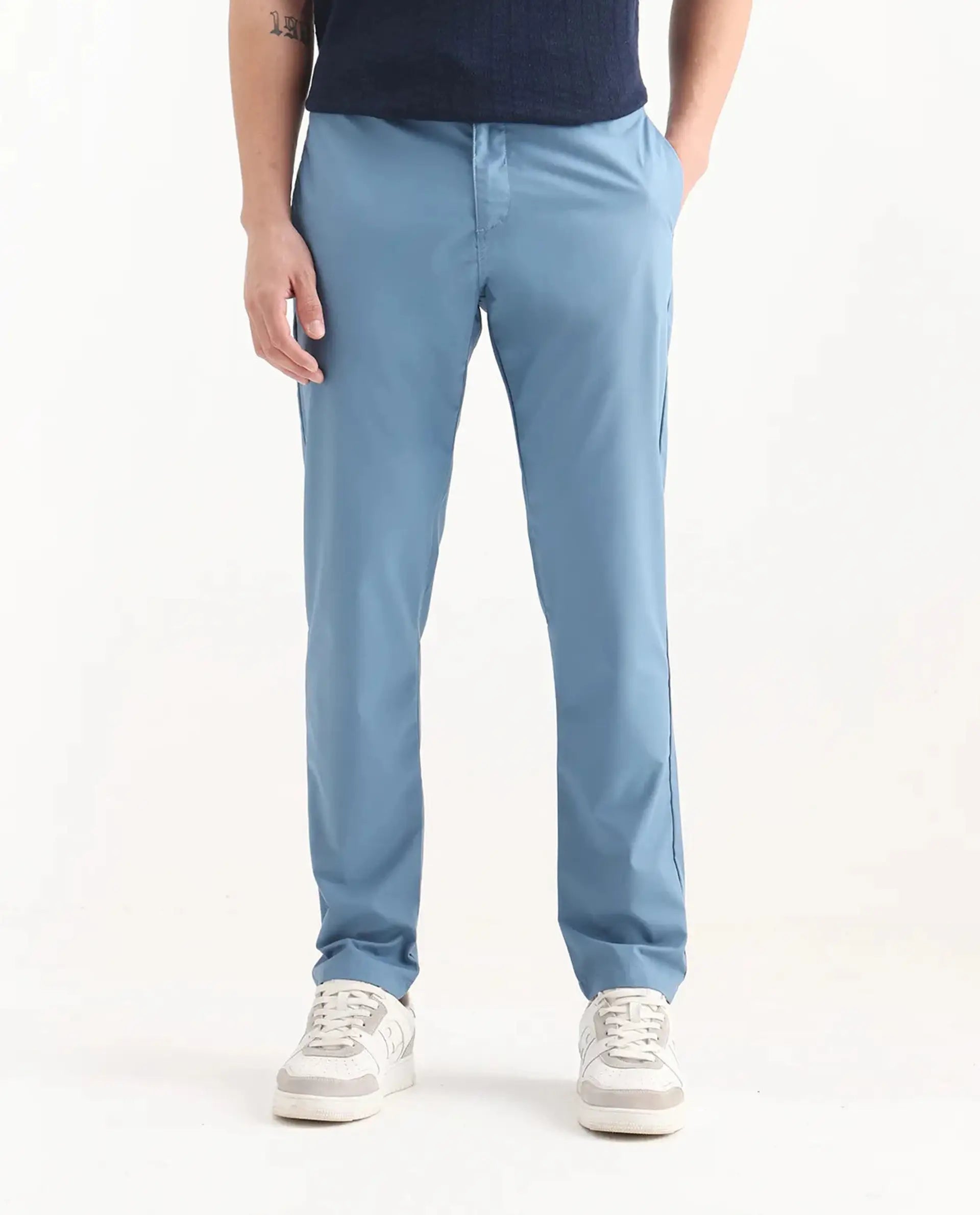 Rare Rabbit Men's Aux Blue Polyester Plain Regular Fit Trouser
