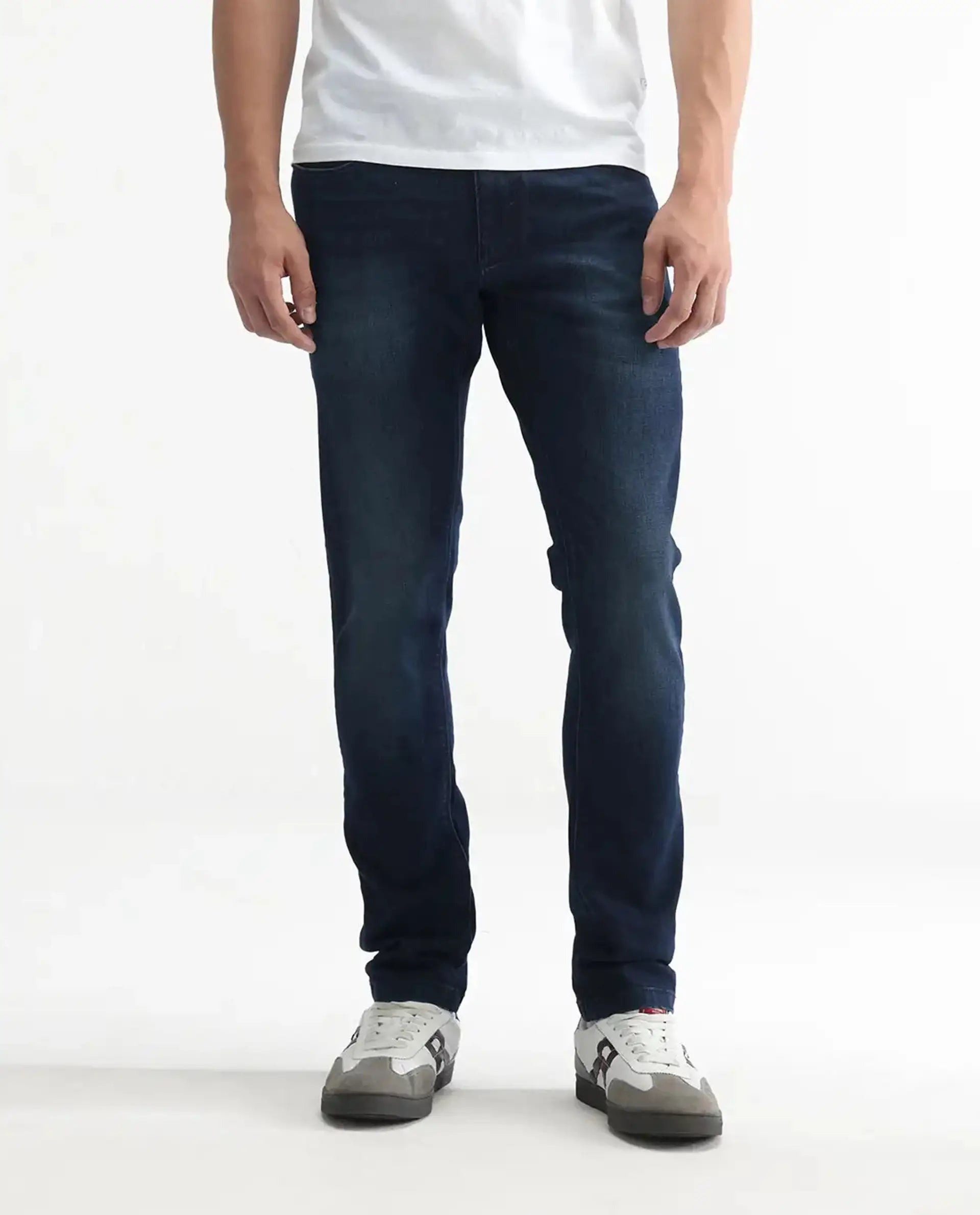 Rare Rabbit Men's Avalon Dark Blue Cotton Plain Hawk Slim Fit Jeans