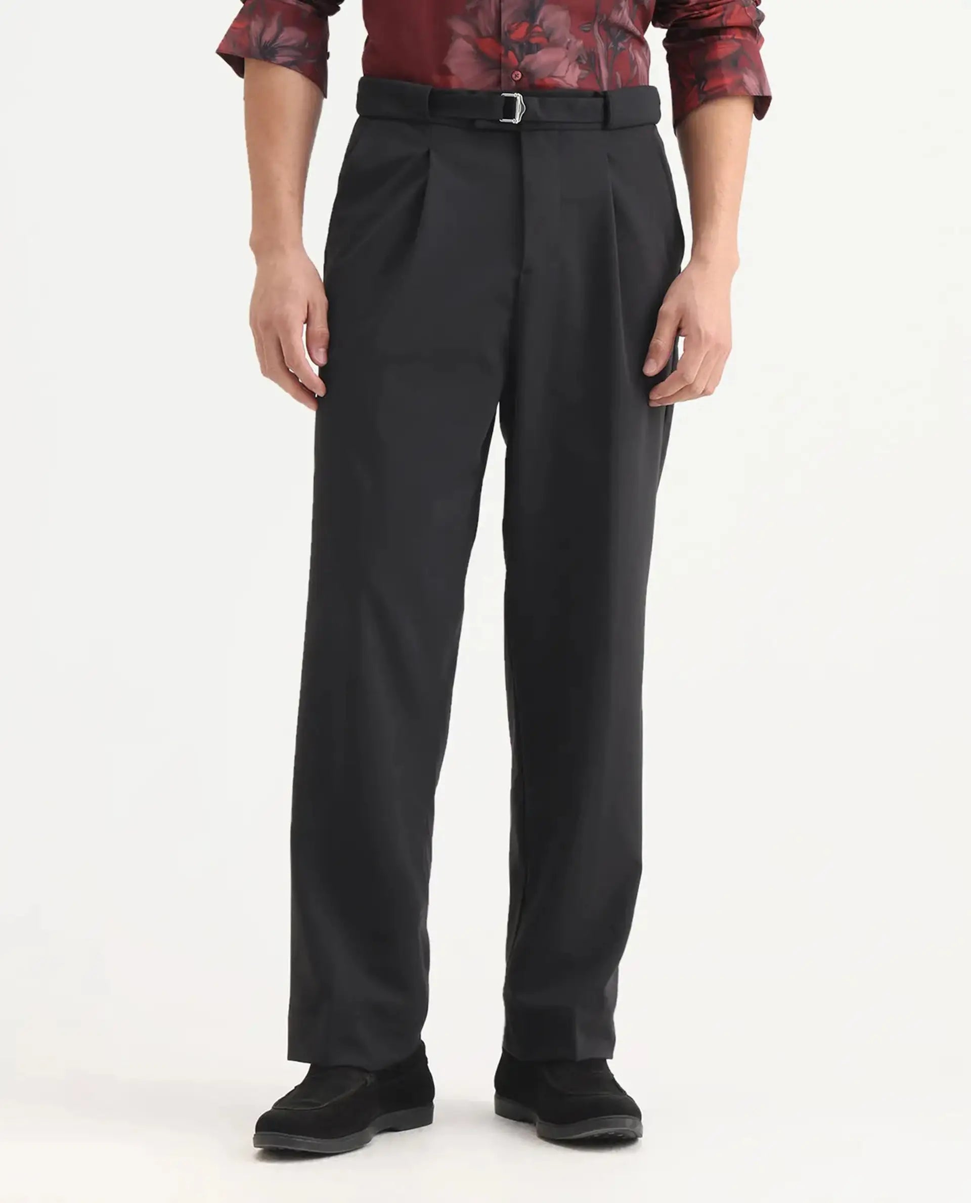 Rare Rabbit Men's Axie Black Cotton Blend Plain Wide Leg Trouser