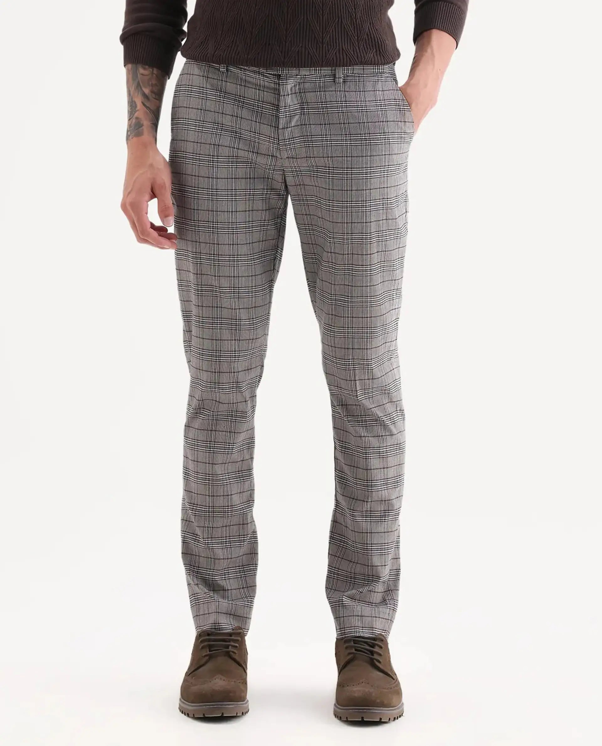 Rare Rabbit Men's Bandon Grey Cotton Blend Checked Print Regular Fit Trouser