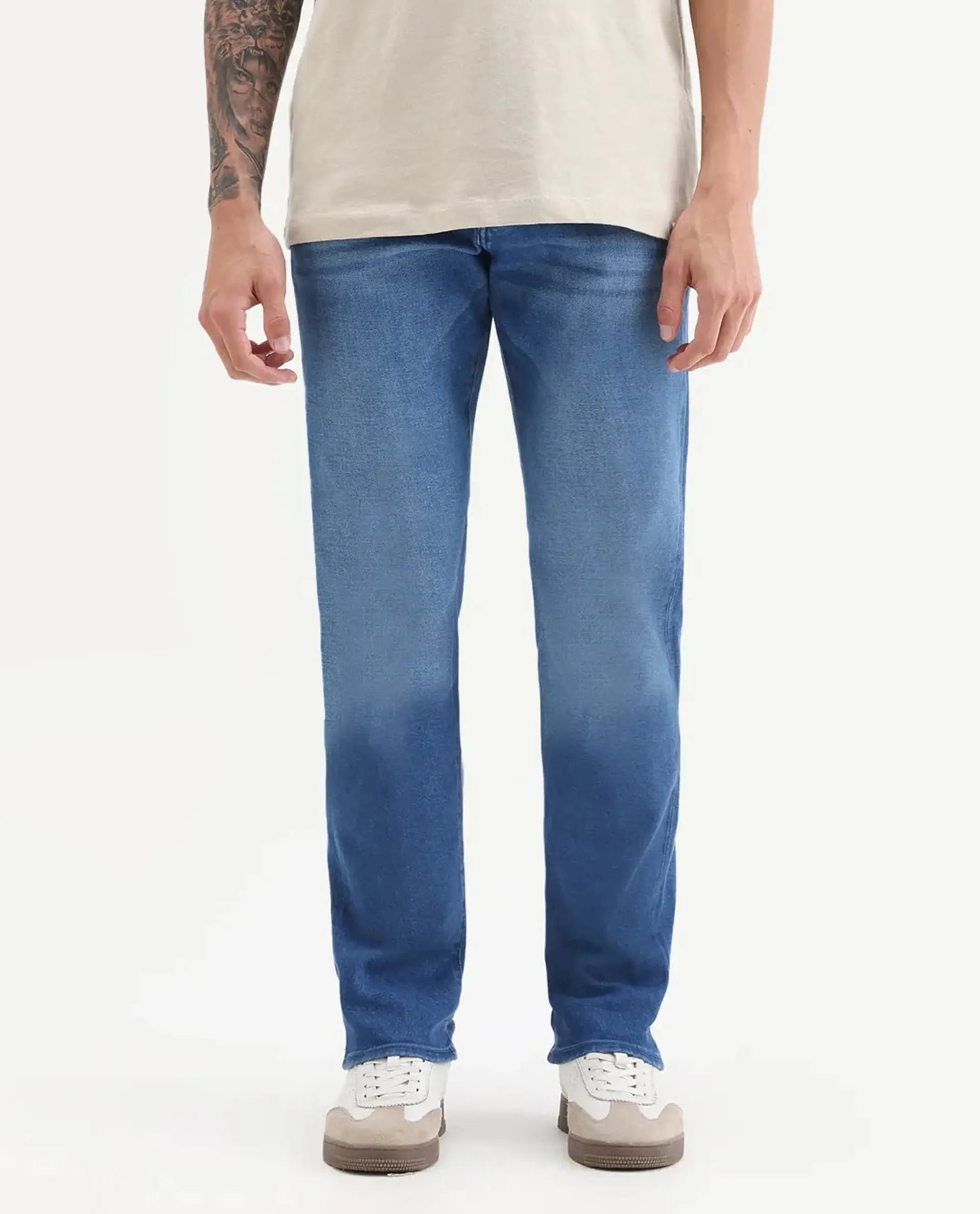 Rare Rabbit Men's Bluxx- 1 Blue Cotton Blend Fabric Morris Regular Plain Jeans