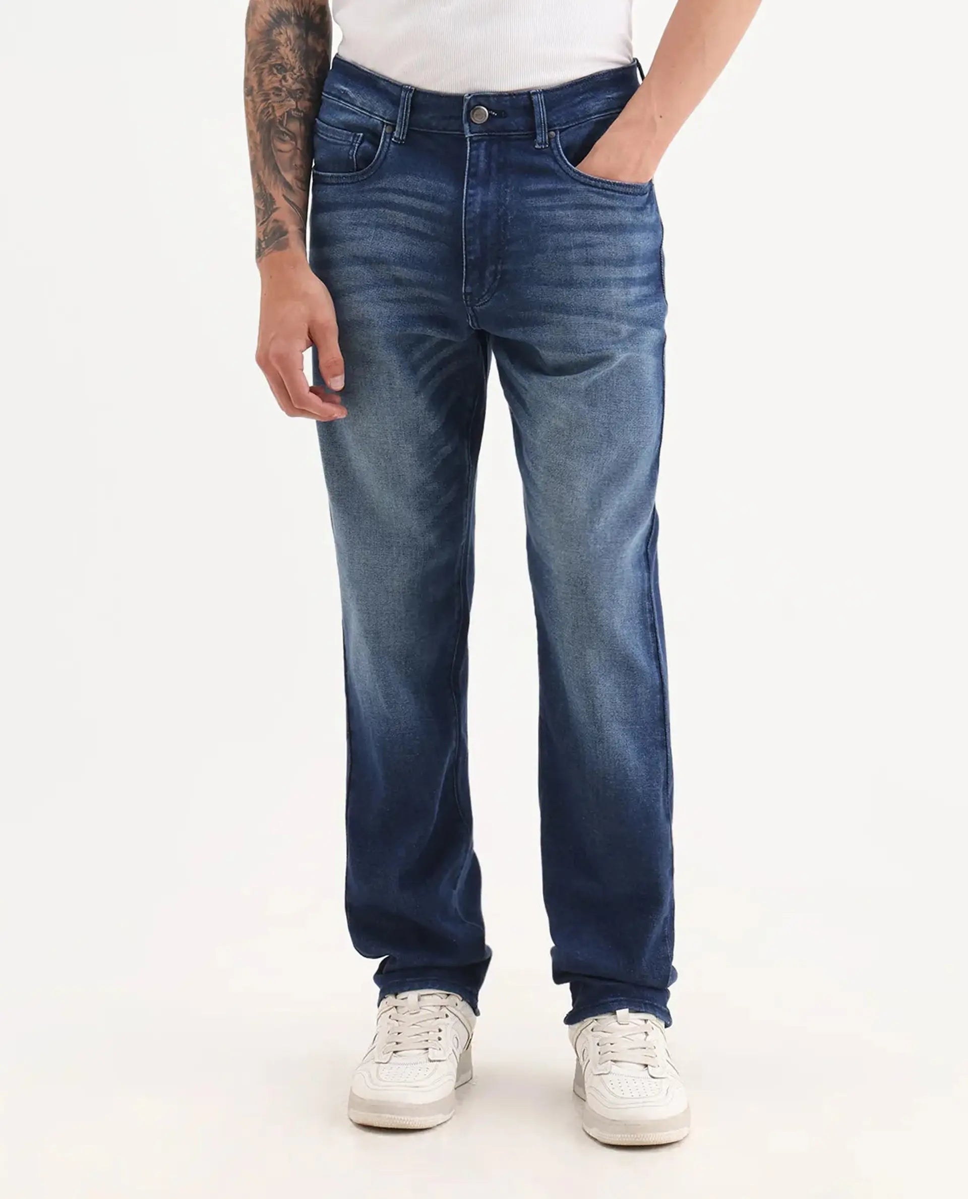 Rare Rabbit Men's Bluxx Dark Blue Cotton Blend Fabric Morris Regular Plain Jeans