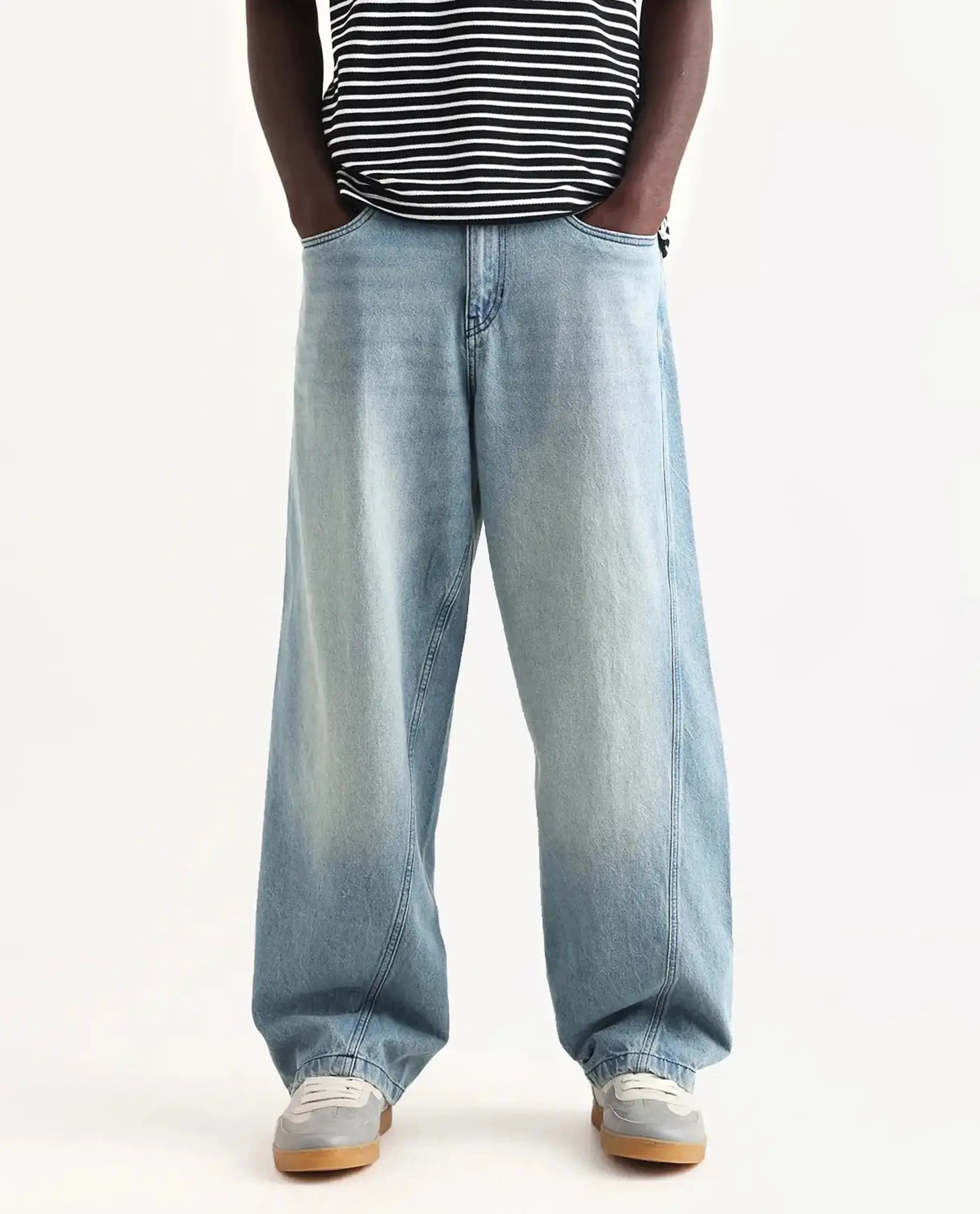 Rare Rabbit Men's Bo Blue Cotton Plain Baggy Fit Jeans