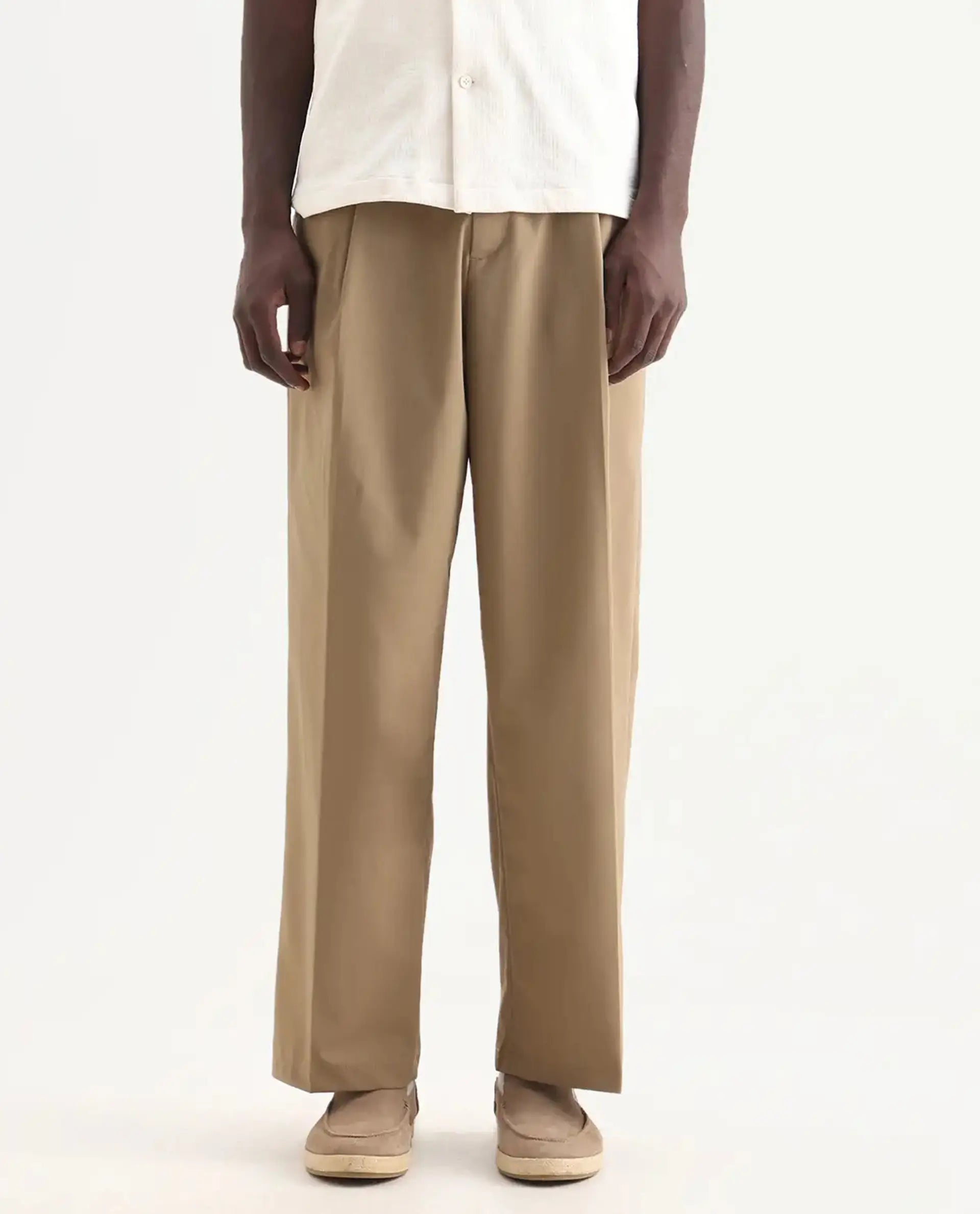 Rare Rabbit Men's Brelint Khaki Linen Blend Plain Relaxed Fit Trouser