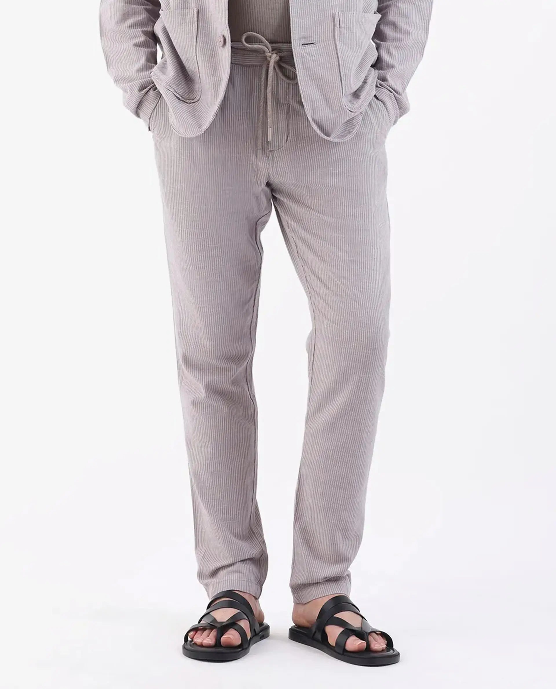 Rare Rabbit Men's Brera Puprle Linen Blend Striped Print Regular Fit Trouser