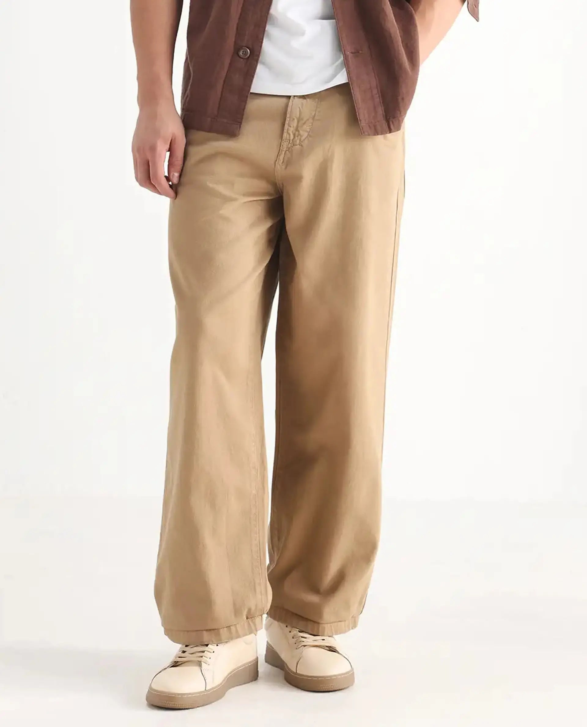 Rare Rabbit Men's Bron Beige Cotton Plain Baggy Fit Jeans