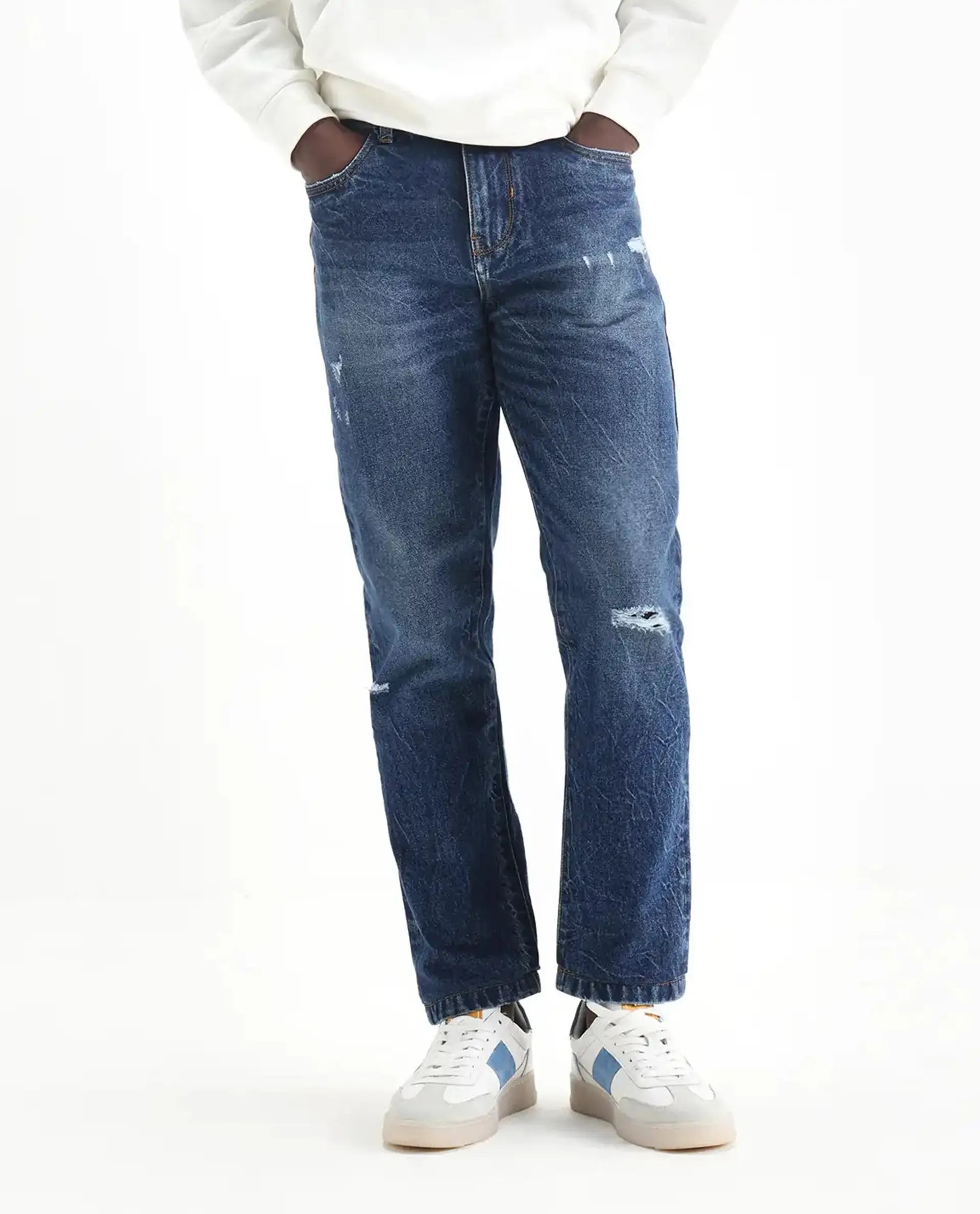 Rare Rabbit Mens Callip Blue Cotton Mid Wash Regular Fit Jeans