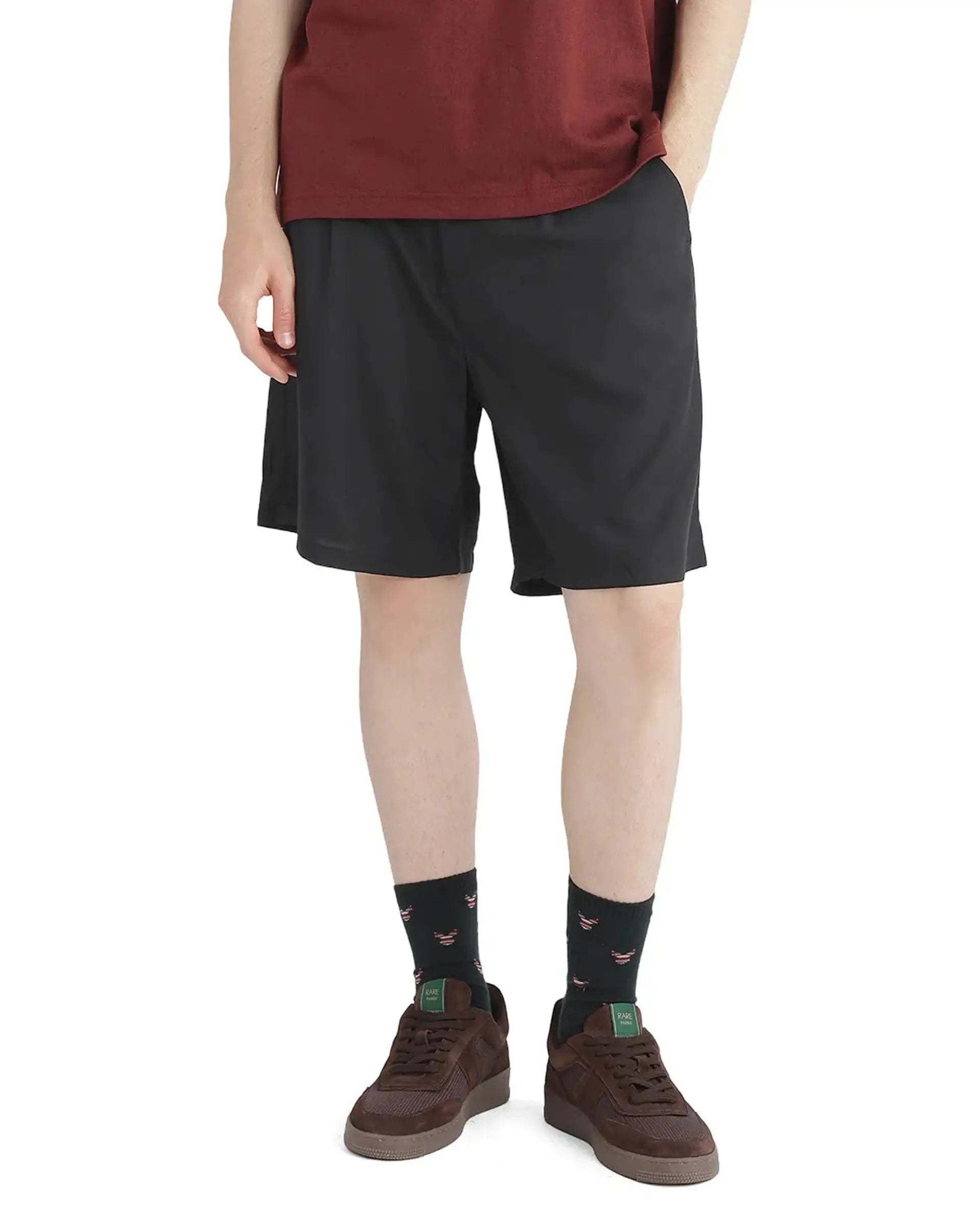 Rare Rabbit Men's Caro-B Black Cotton Plain Oversized Fit Shorts