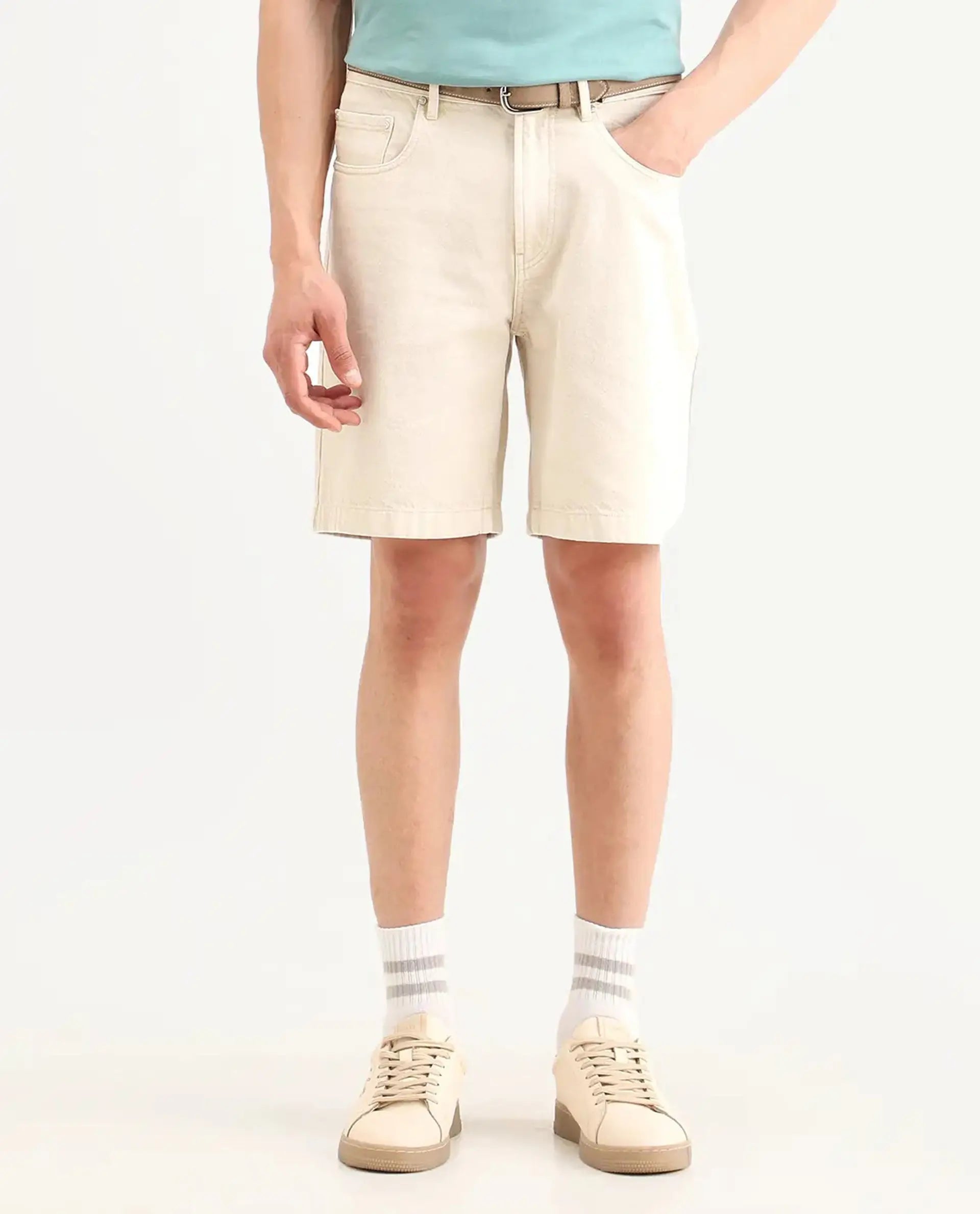 Rare Rabbit Men's Carp Light Beige Cotton Fabric Regular Fit Plain Shorts