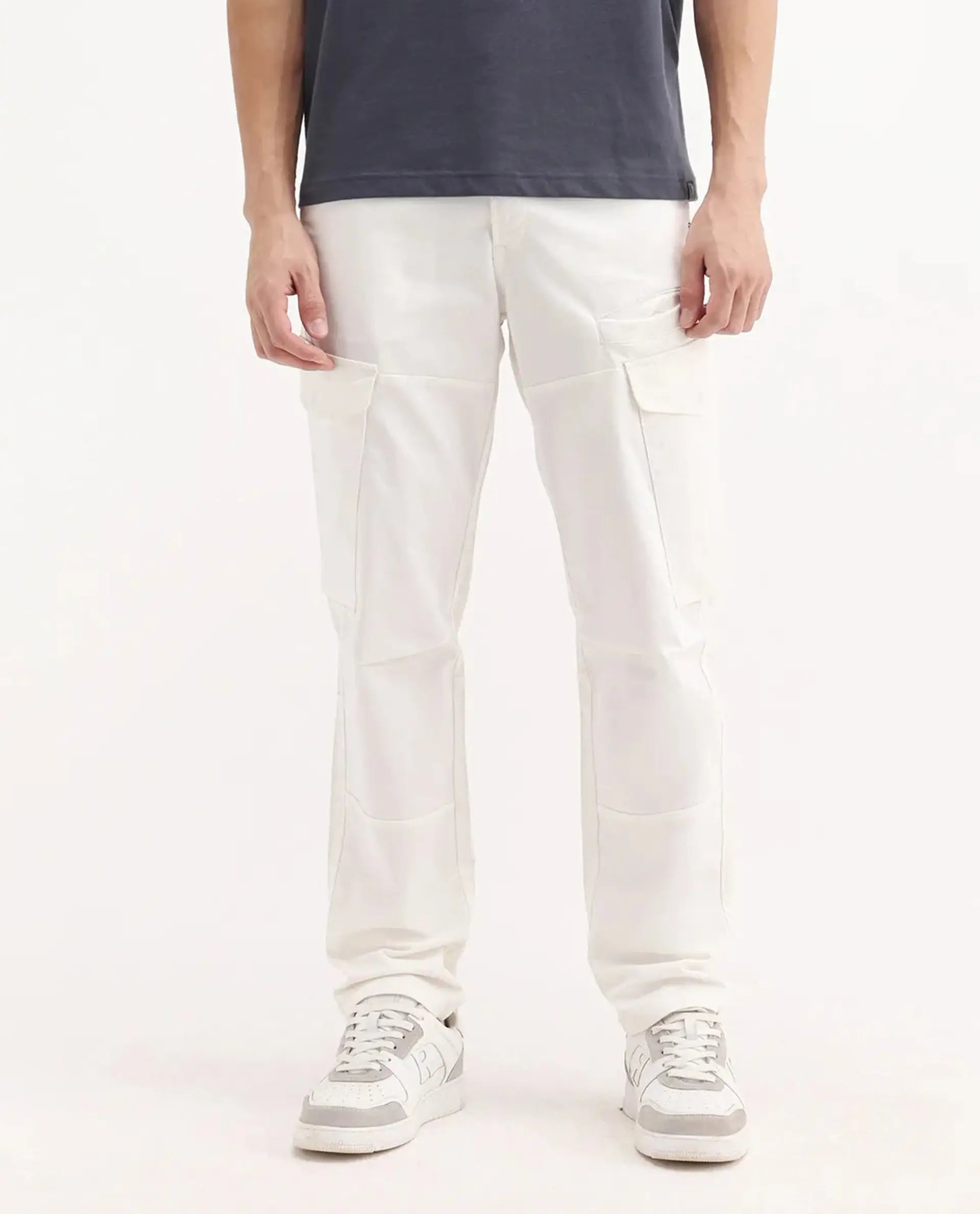 Rare Rabbit Men's Ceder-1 White Cotton Plain Regular Fit Trouser