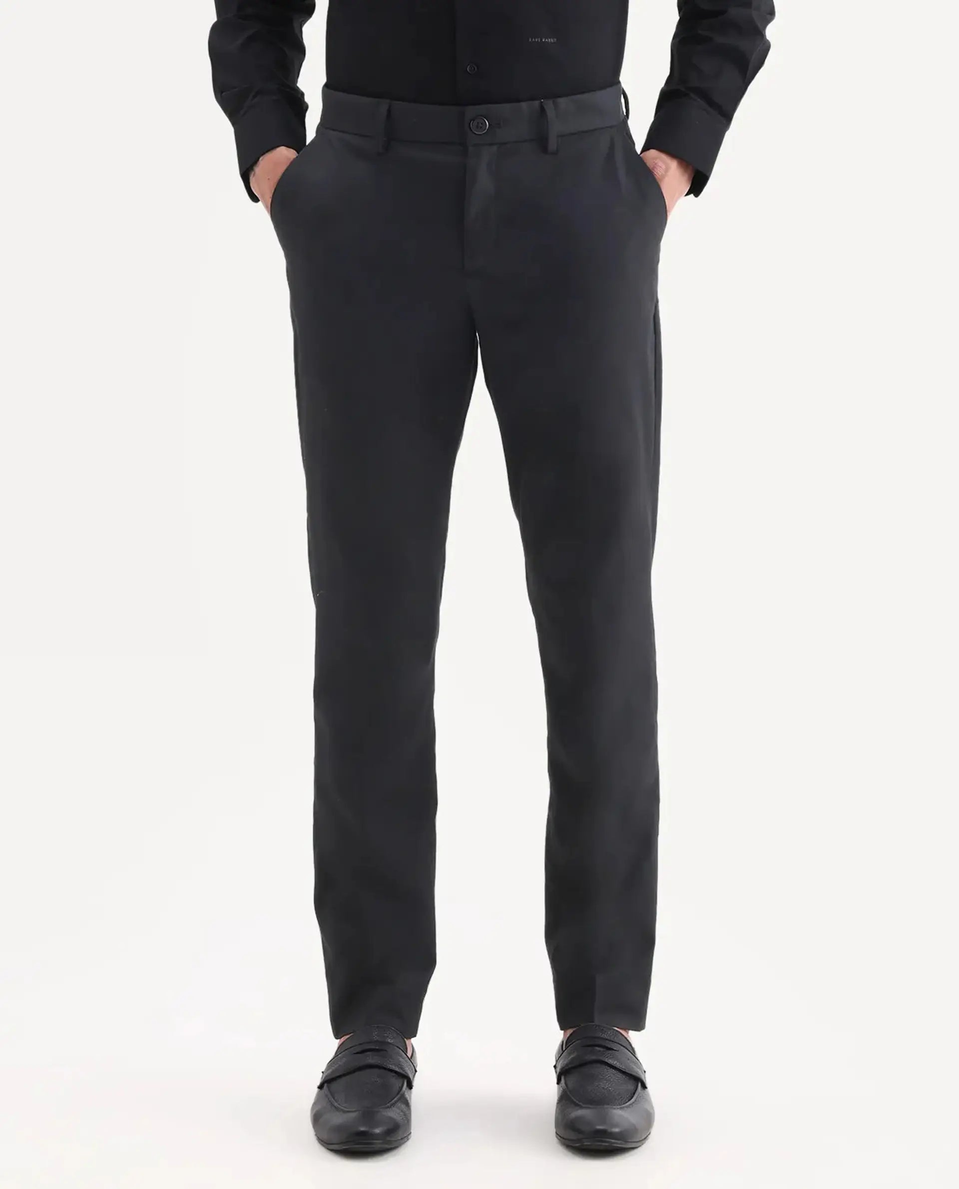 Rare Rabbit Men's Chamer Black Polyester Plain Regular Fit Trouser