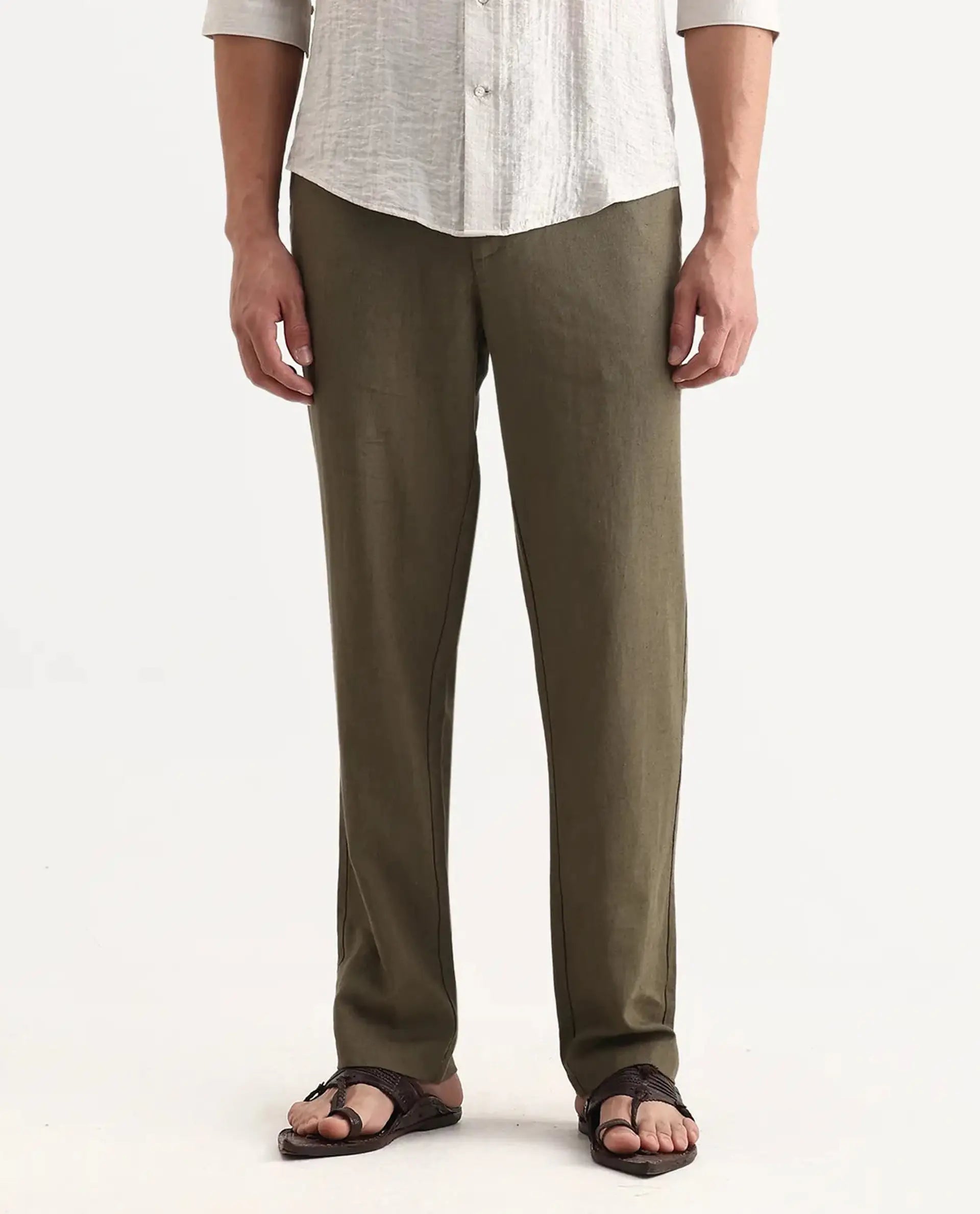 Rare Rabbit Men Chinio Dark Olive Linen Blend Drawstring Closure Plain Trouser