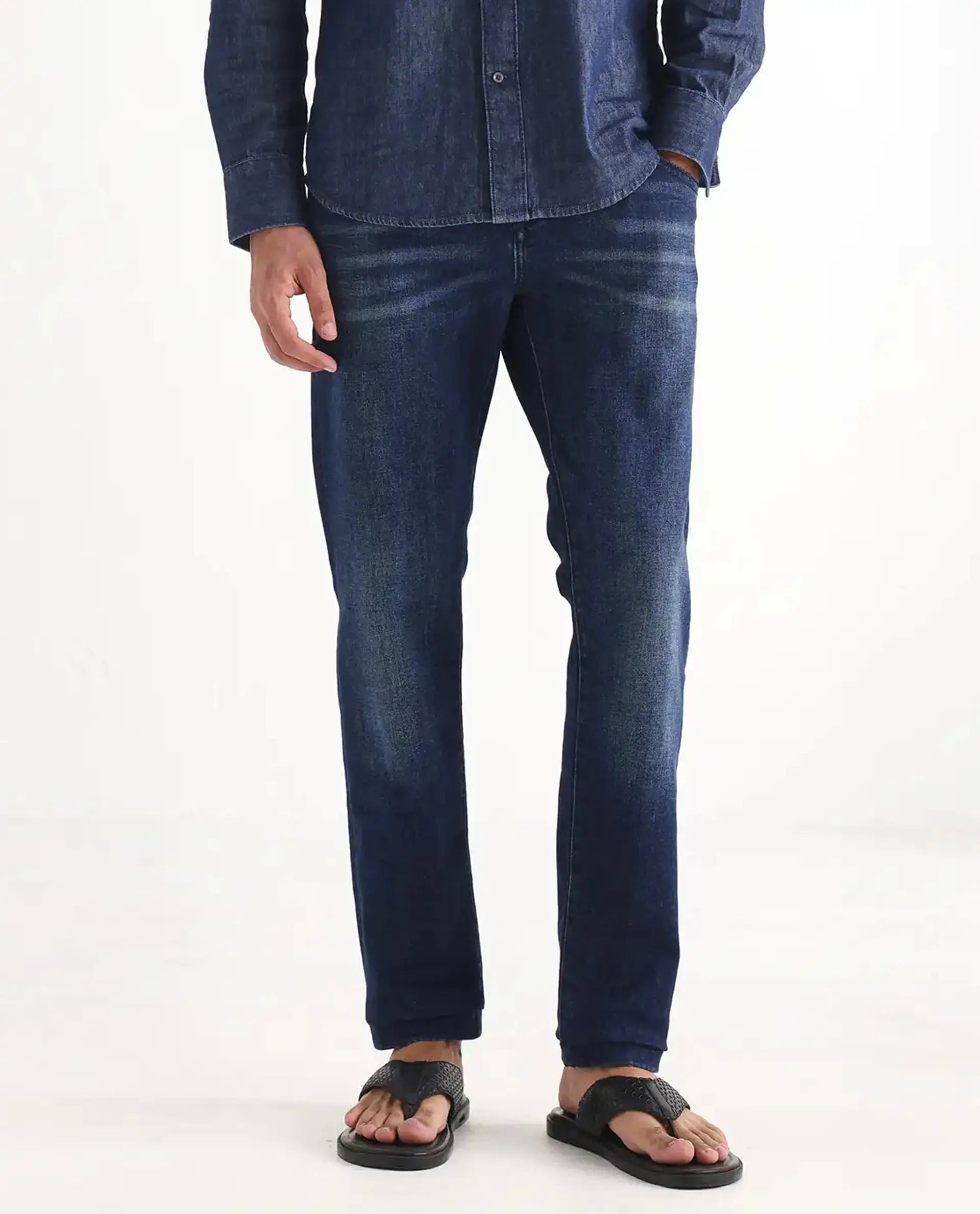 Rare Rabbit Men's Clio Dark Blue Cotton Blend Plain Relaxed Fit Jeans