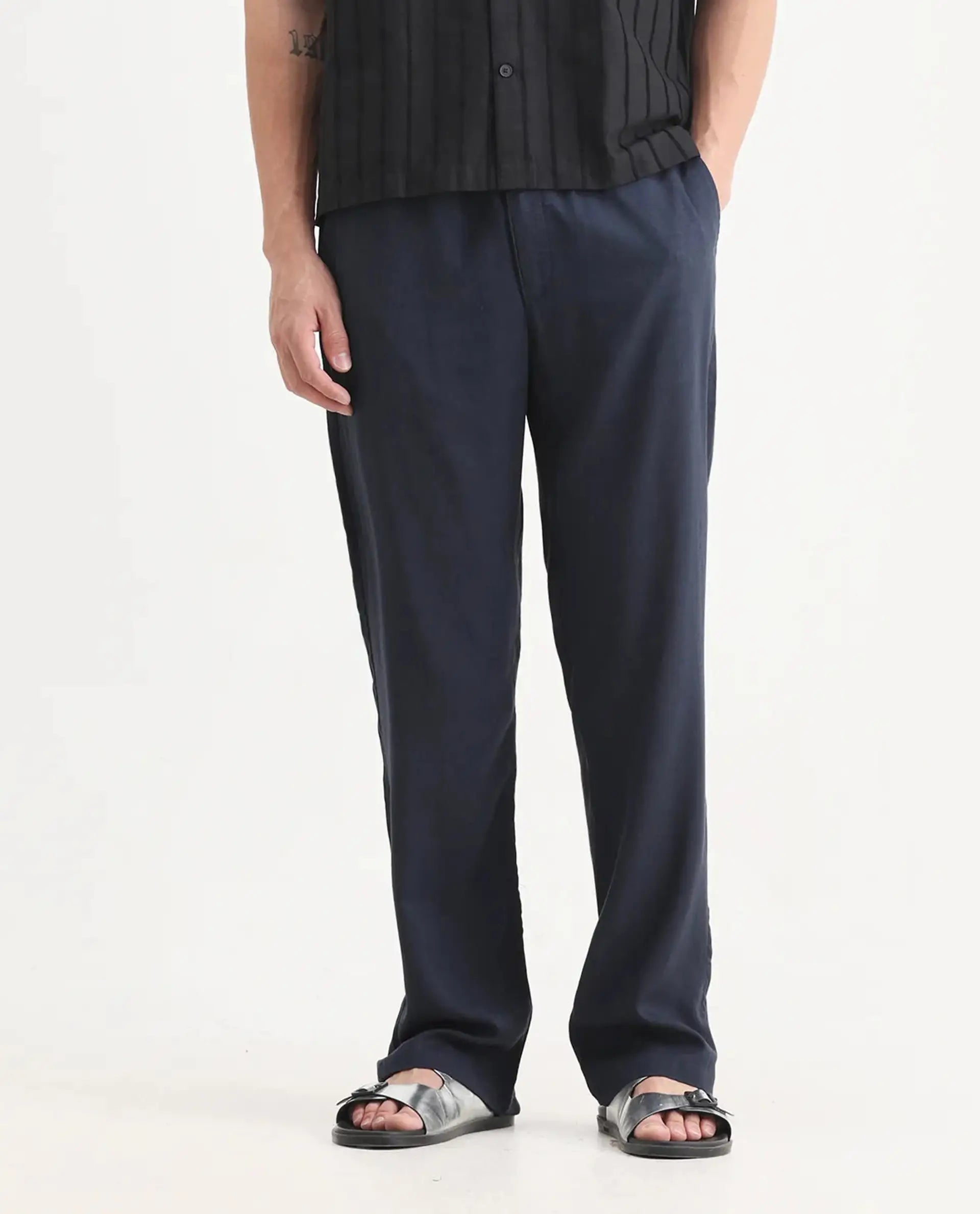 Rare Rabbit Men's Coft-B Navy Linen Blend Plain Loose Fit Trouser