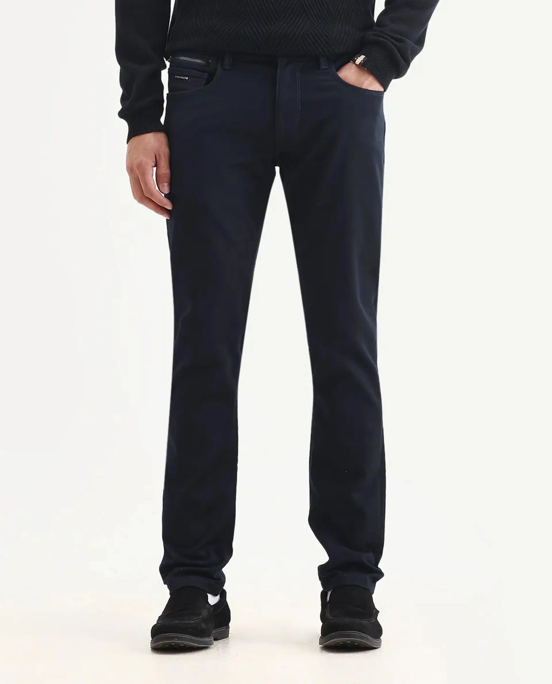 Rare Rabbit Men's Corvo Navy Cotton Blend Plain Hawk Slim Fit Jeans
