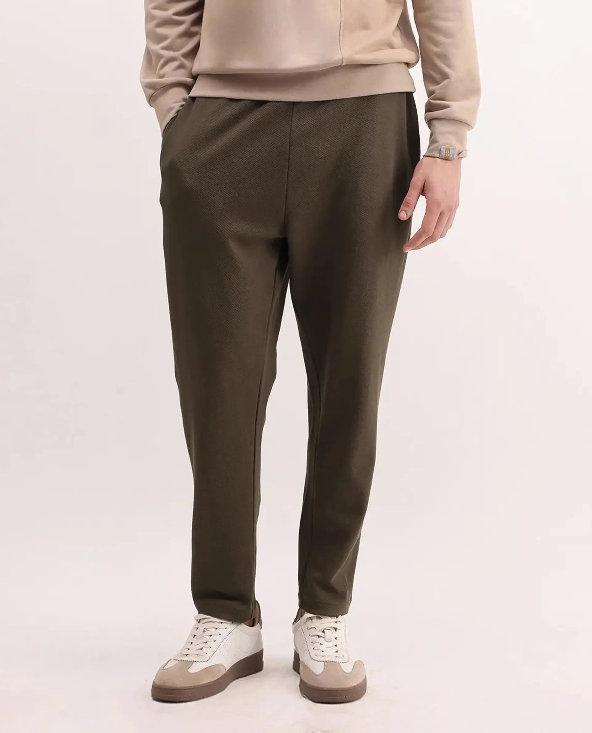 Rare Rabbit Men's Costo-B Dark Beige Polyester Blend Plain Regular Fit Track Pant