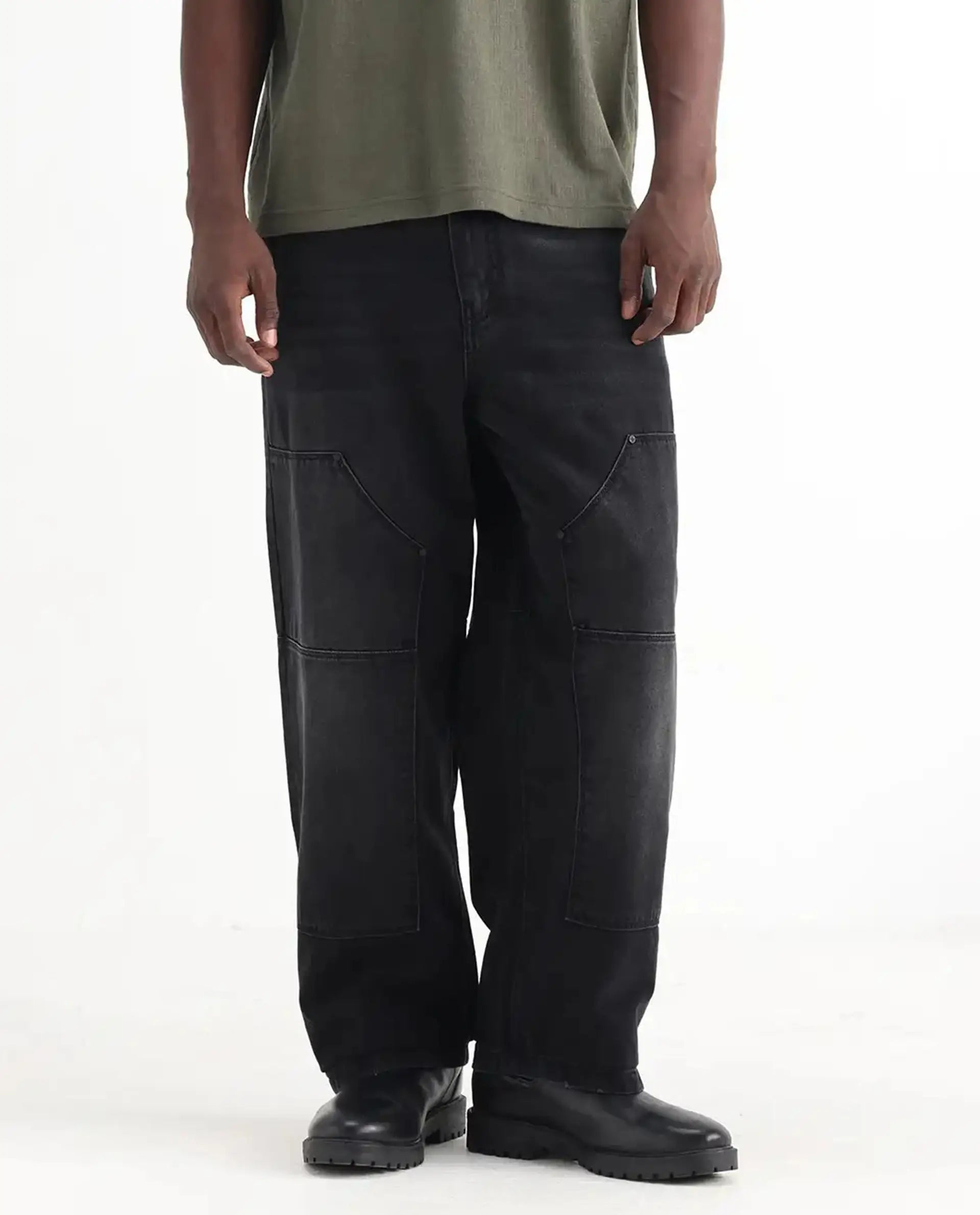 Rare Rabbit Men's Cruz Black Cotton Plain Baggy Fit Jeans