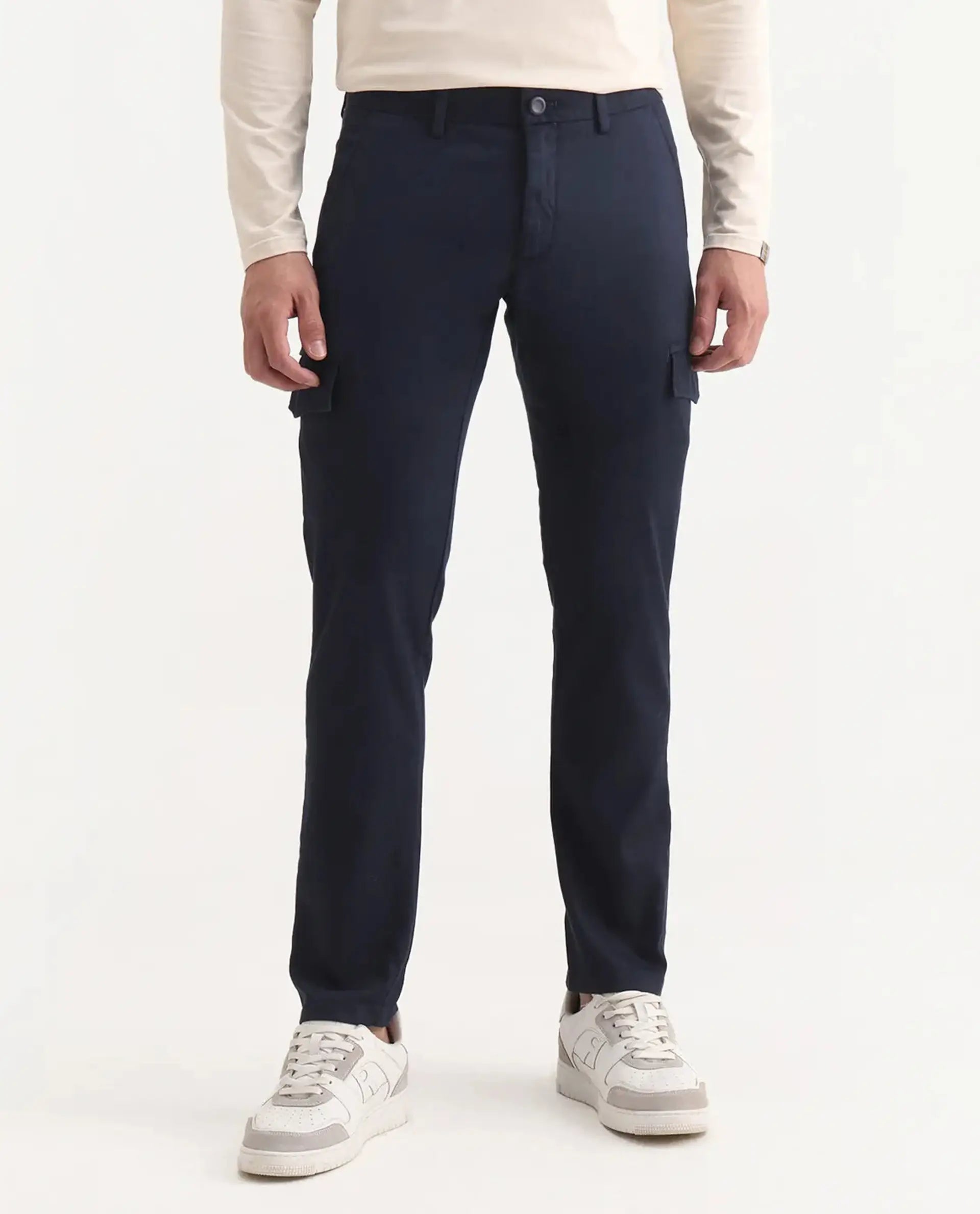 Rare Rabbit Men's Curo Navy Cotton Plain Regular Fit Trouser