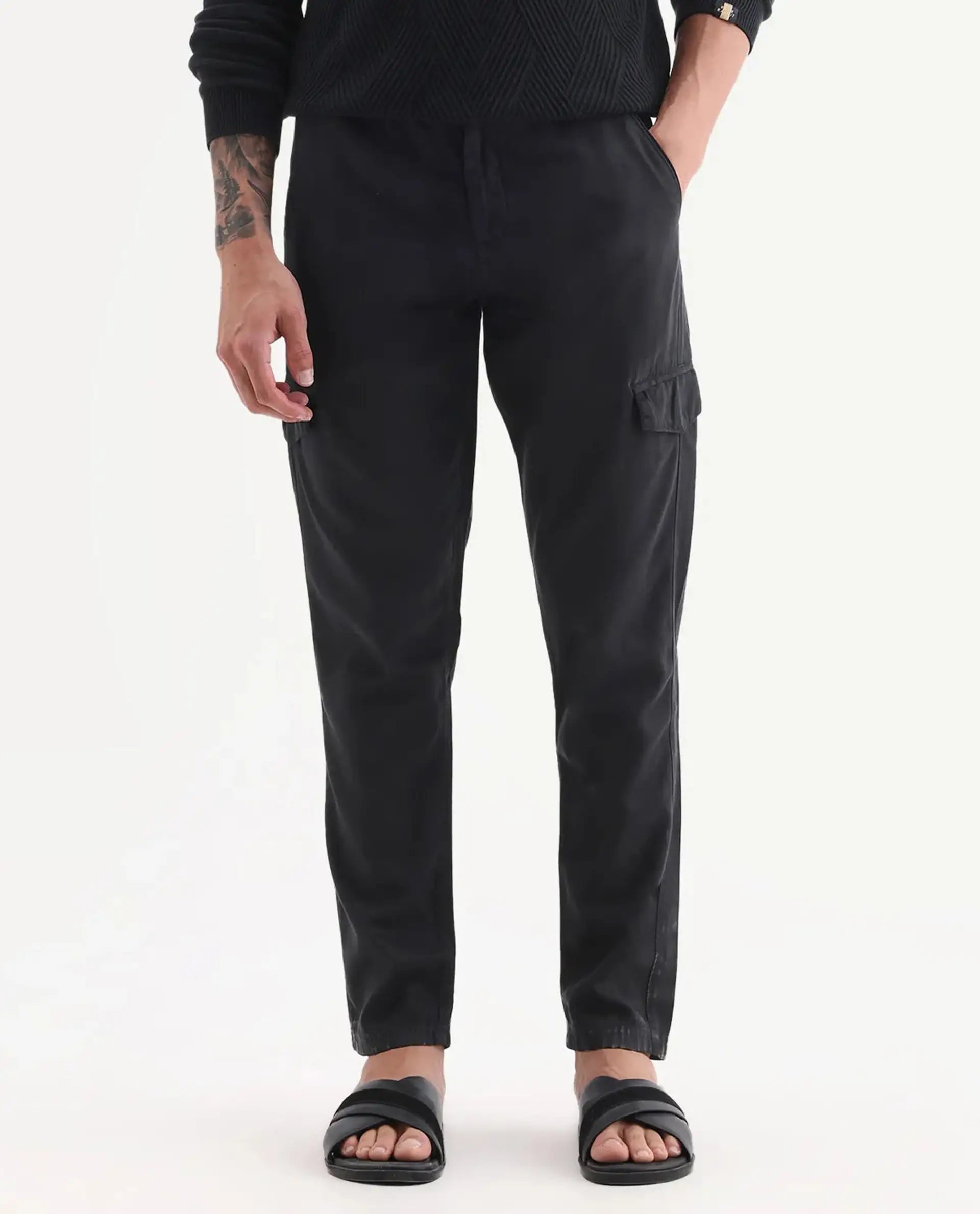 Rare Rabbit Men's Curon Black Cotton Plain Regular Fit Trouser