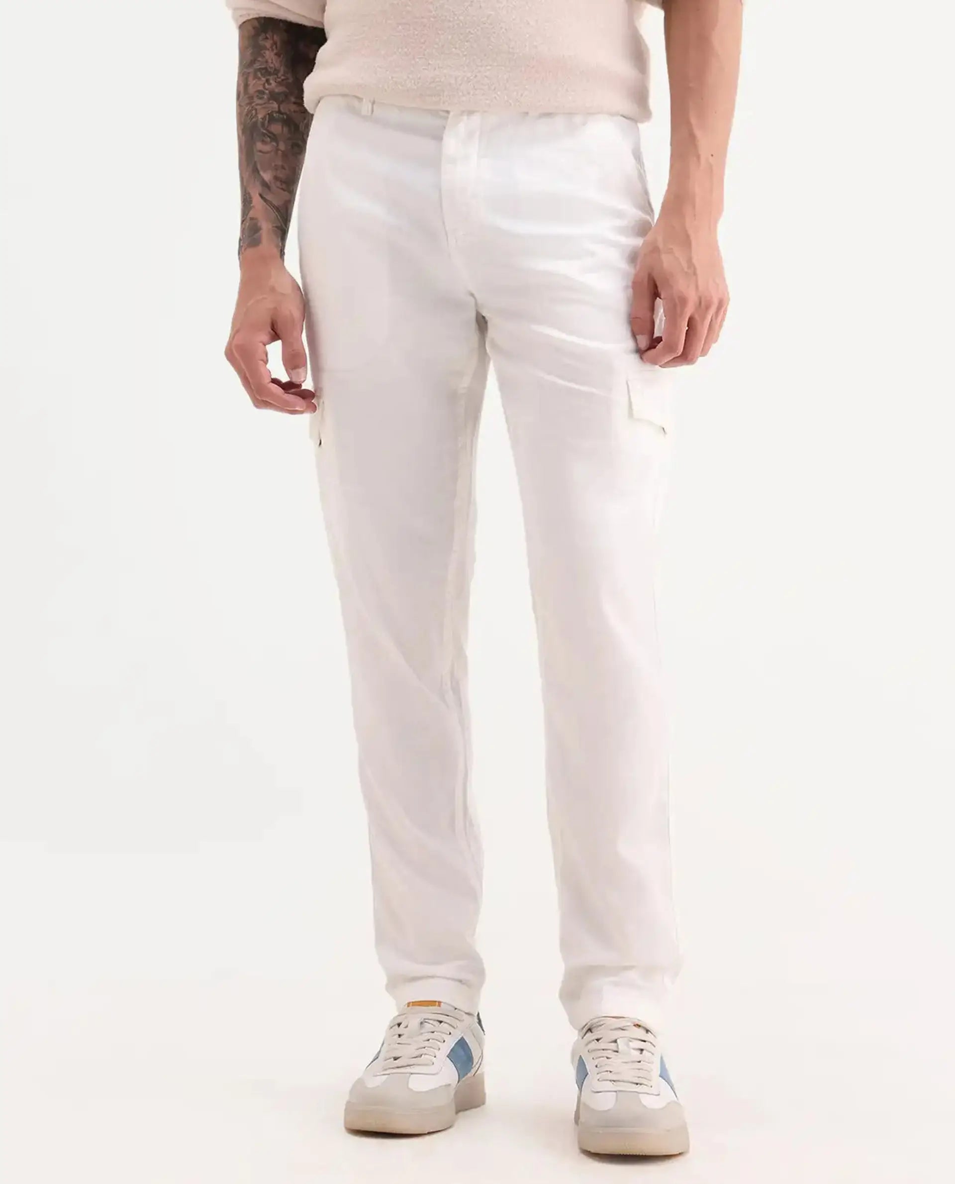 Rare Rabbit Men's Curon Off White Cotton Plain Regular Fit Trouser