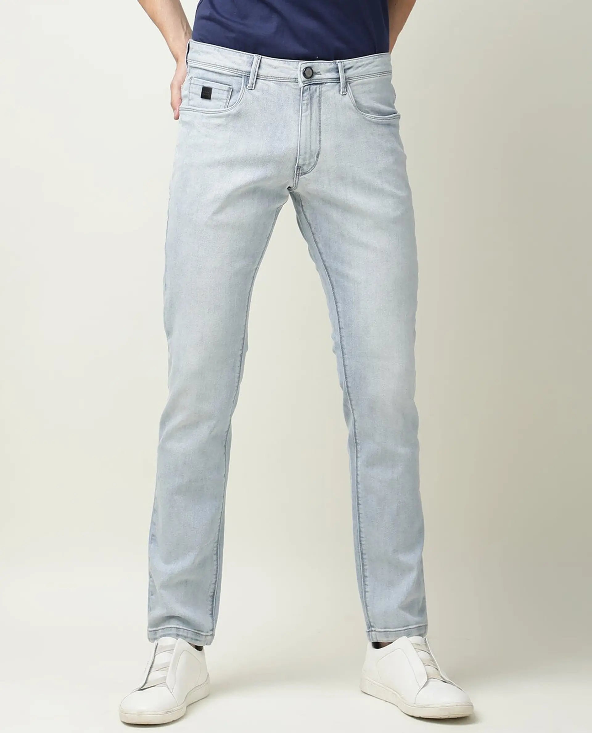 Rare Rabbit Men's Dallas Blue Cotton Plain Hawk Slim Fit Jeans