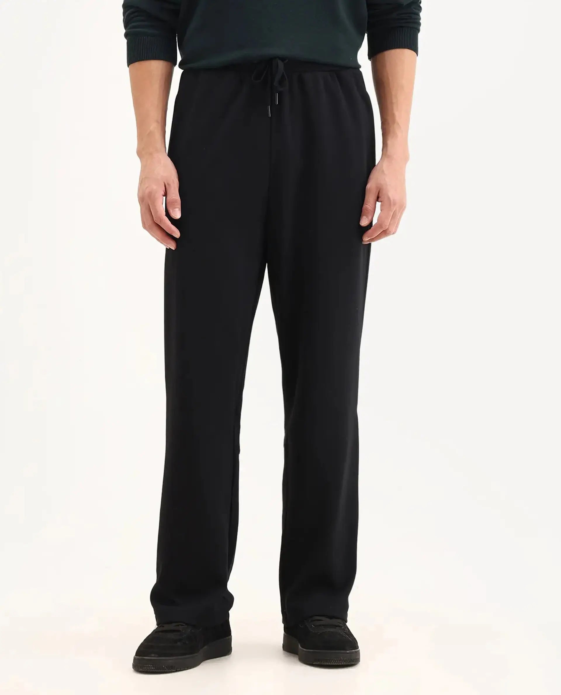 Rare Rabbit Men's Dalton Black Cotton Blend Plain Baggy Fit Trouser