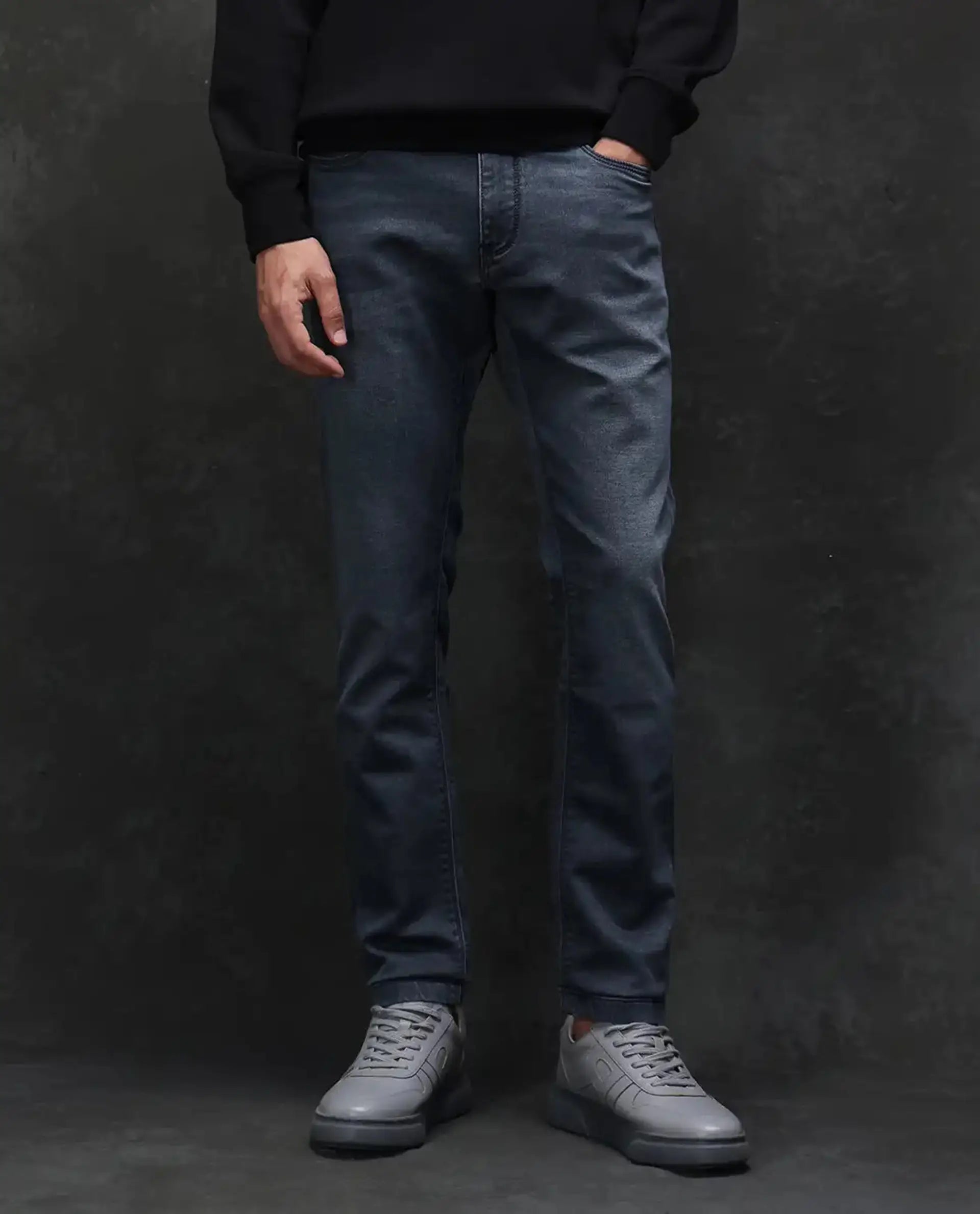 Rare Rabbit Men's Delft Dusky Blue Cotton Plain Hawk Slim Fit Jeans
