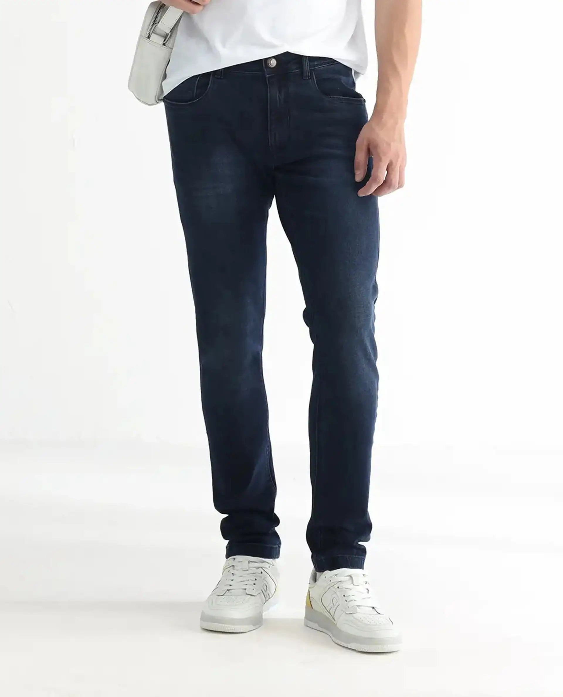 Rare Rabbit Men's Diep Flouroscent Blue Cotton Plain Hawk Slim Fit Jeans