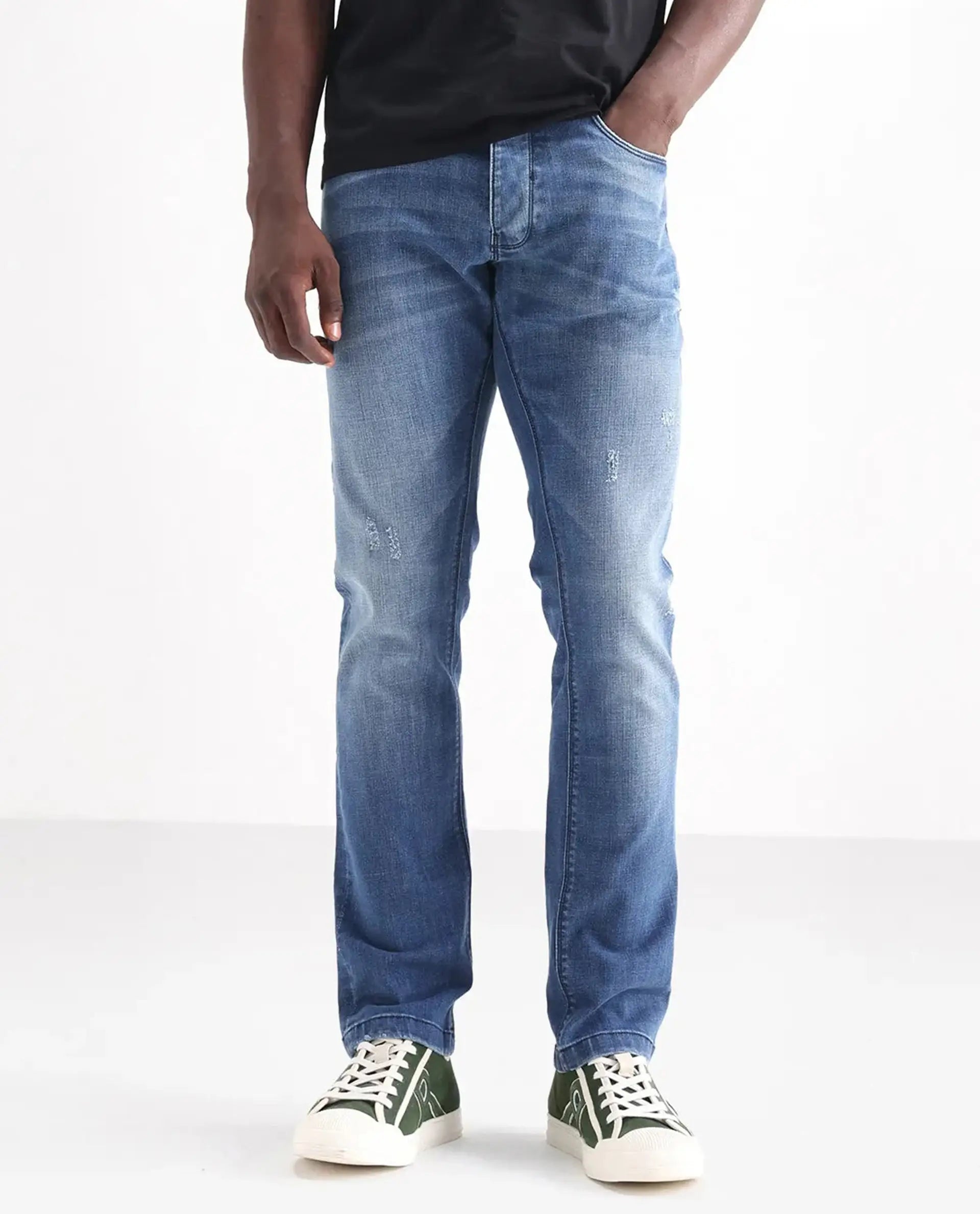 Rare Rabbit Men's Dijon Blue Cotton Plain Hawk Slim Fit Jeans