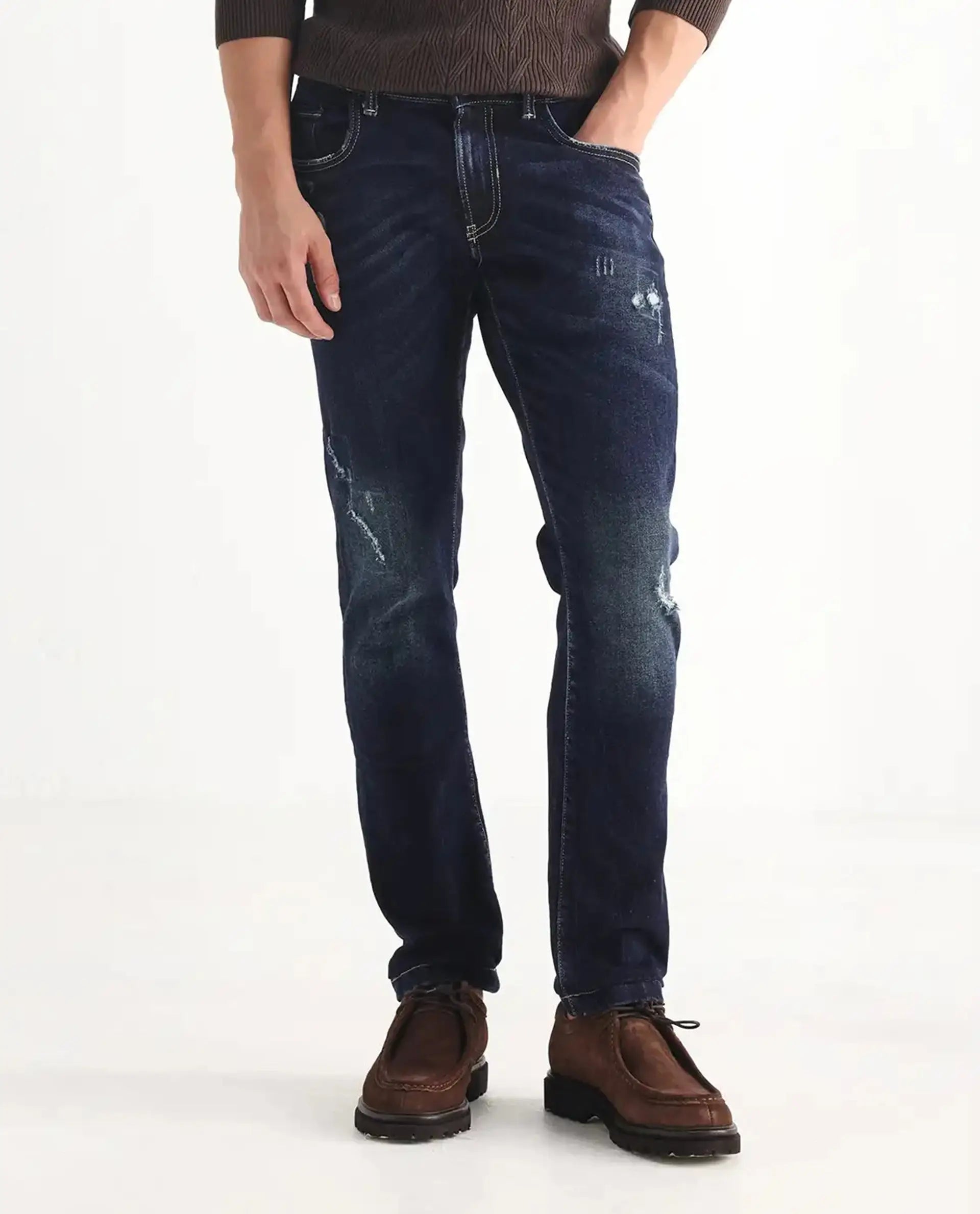 Rare Rabbit Men's Dili Dusky Navy Cotton Blend Plain Hawk Slim Fit Jeans