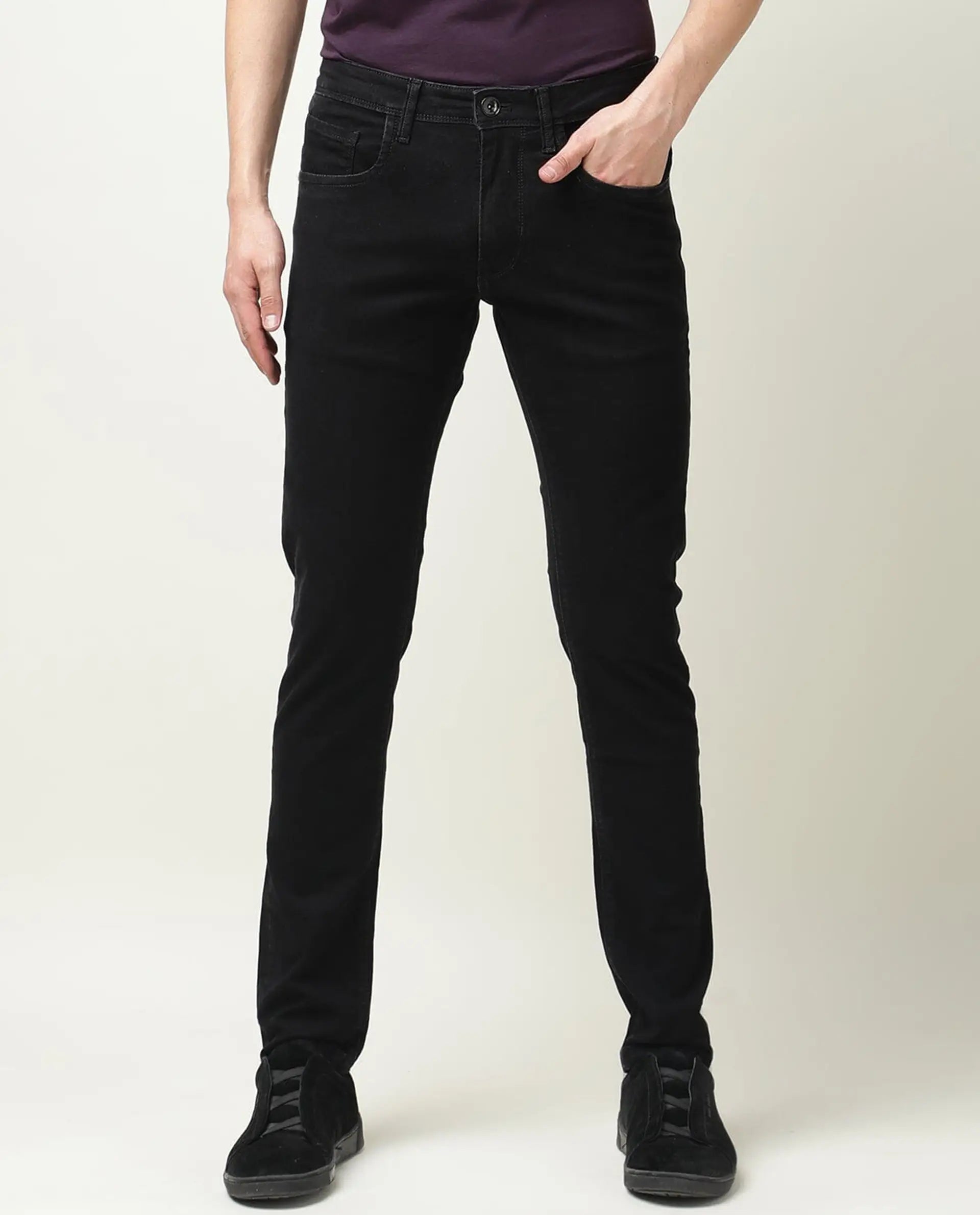 Rare Rabbit Men's Double Black 2 Black Cotton Plain Hawk Slim Fit Jeans
