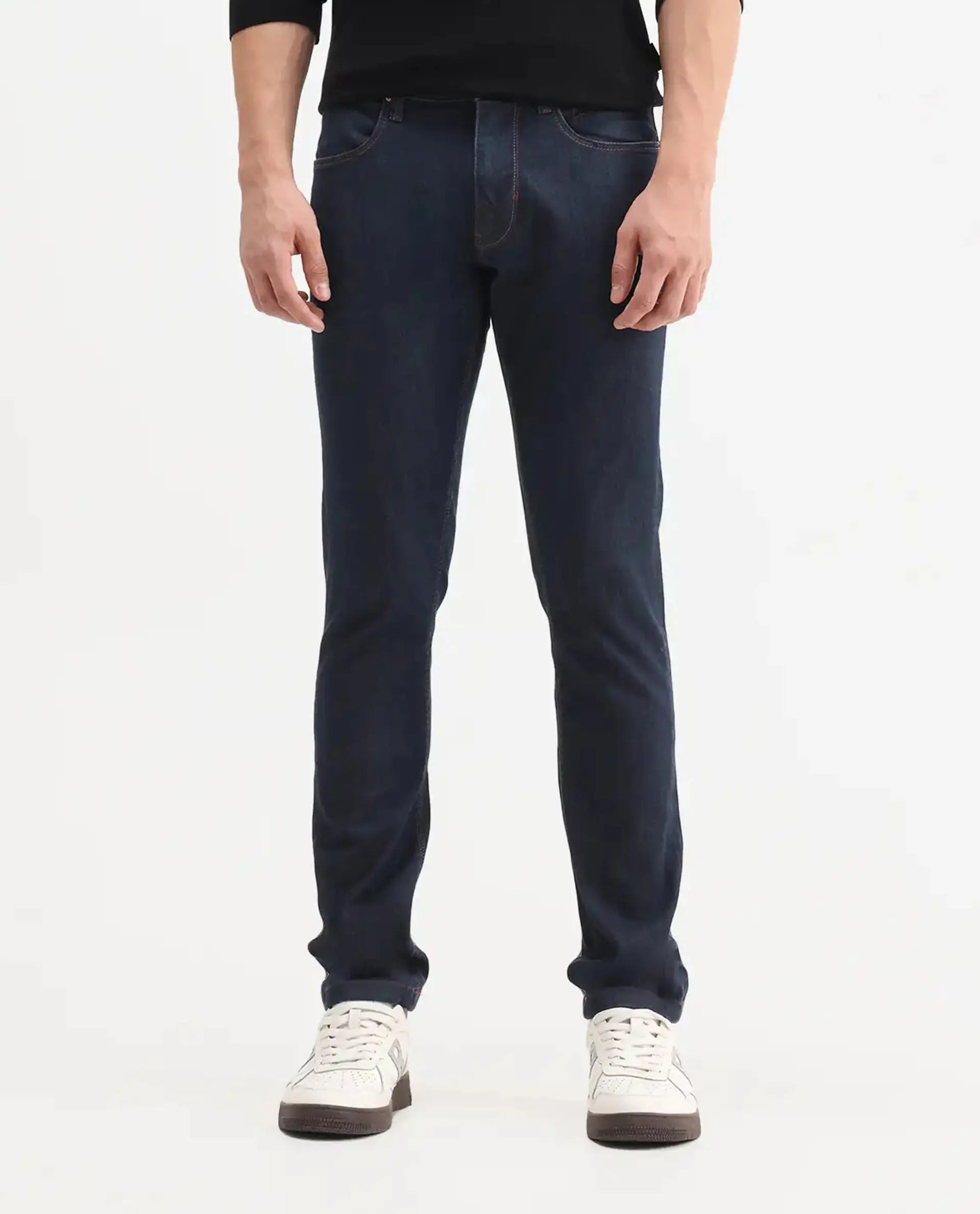 Rare Rabbit Men's Dratt Navy Cotton Plain Hawk Slim Fit Jeans