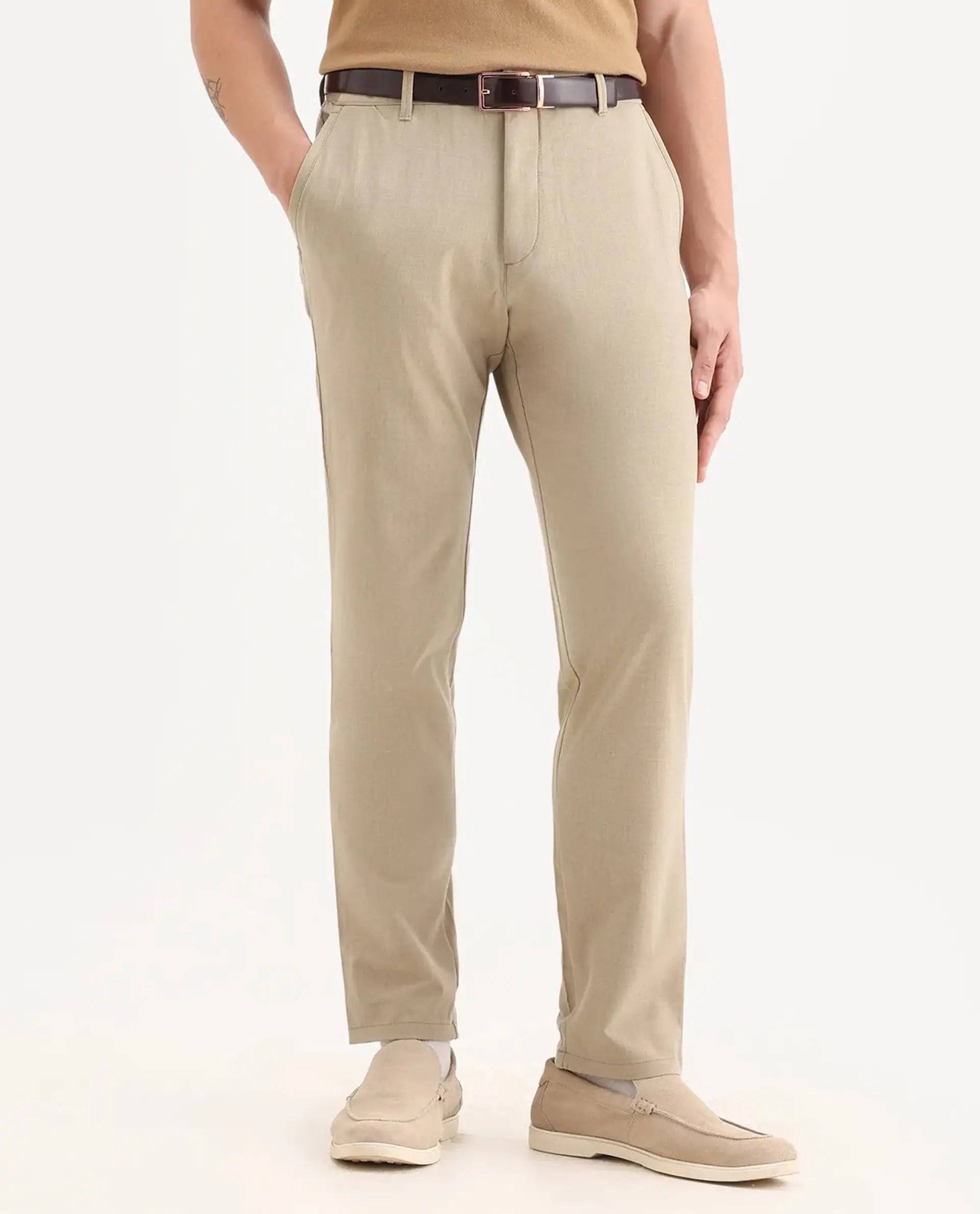 Rare Rabbit Men's Driver-2 Khaki Polyester Blend Plain Regular Fit Trouser