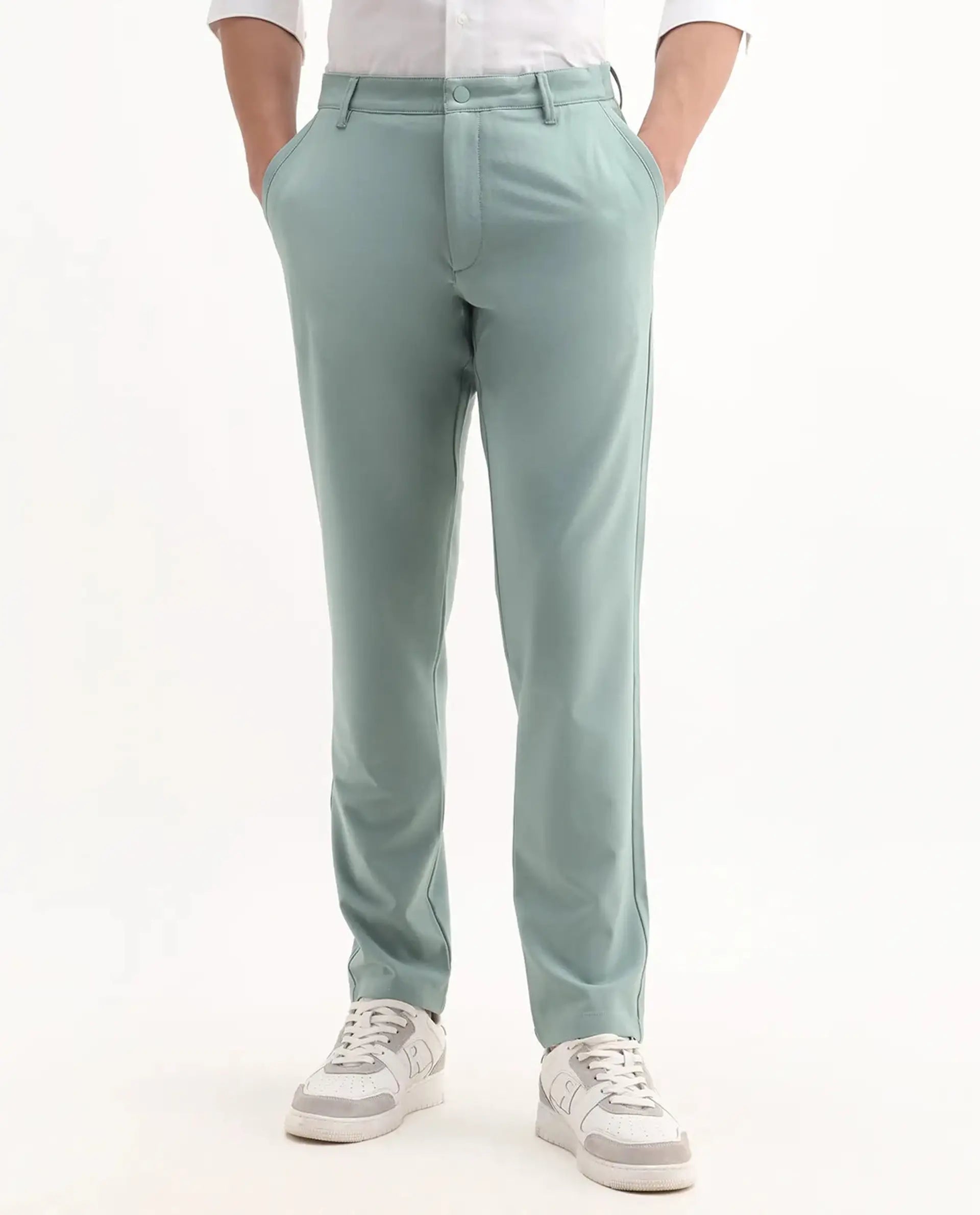 Rare Rabbit Men's Driver-Aw25 Pastel Green Polyester Blend Plain Regular Fit Trouser