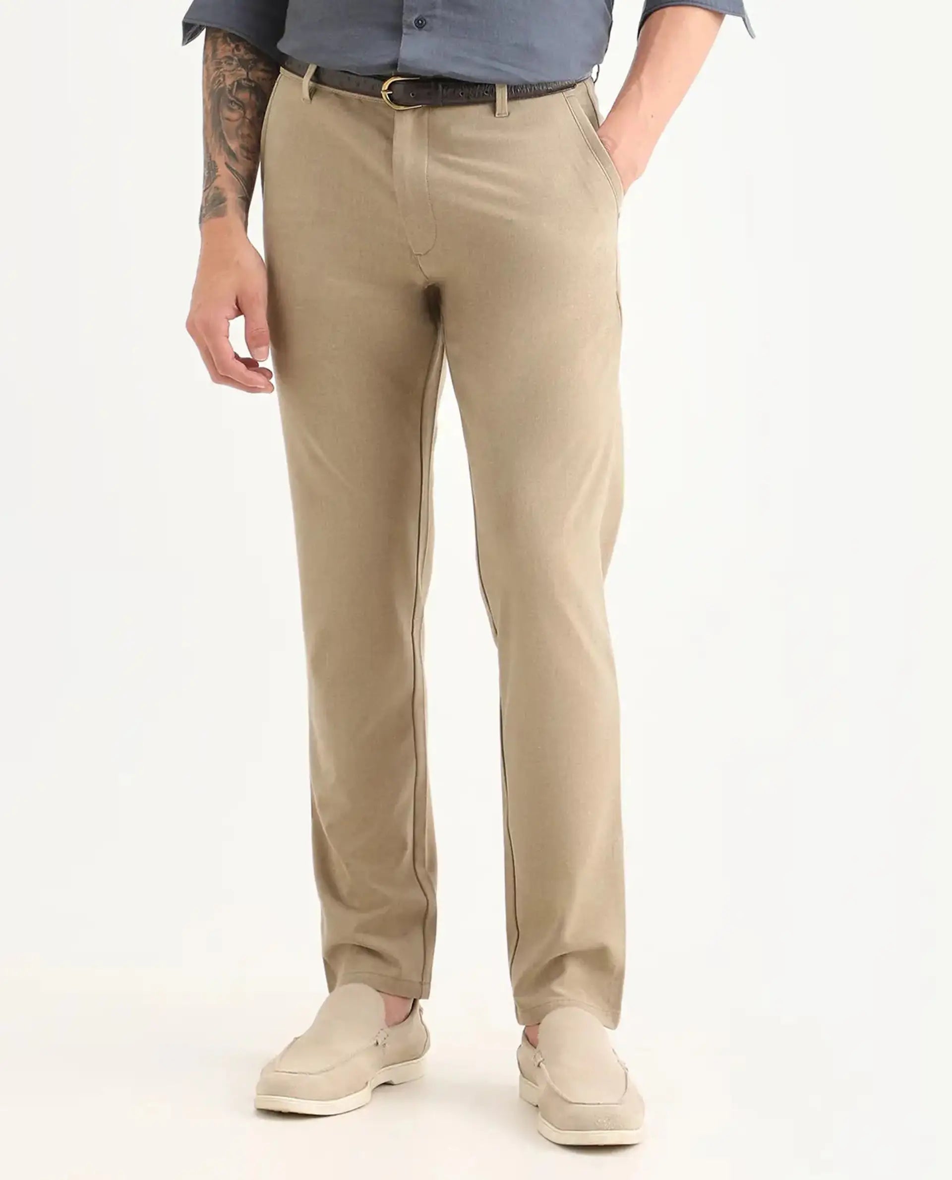 Rare Rabbit Men's Driver-Ss26 Khaki Polyester Blend Fabric Regular Fit Plain Trouser