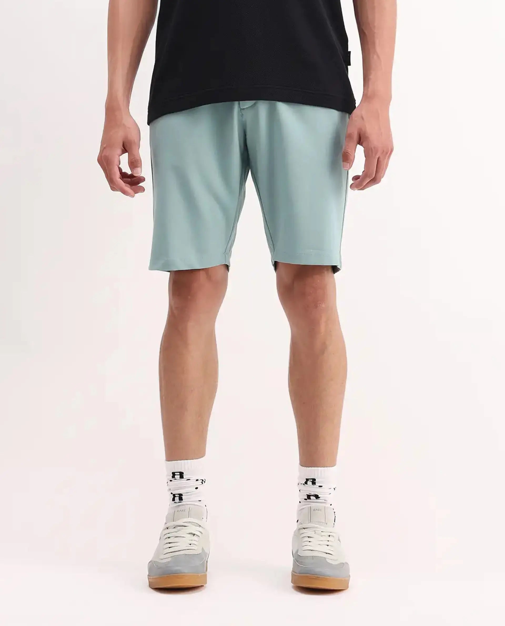 Rare Rabbit Men's Drivo Pastel Green Polyester Blend Plain Regular Fit Shorts