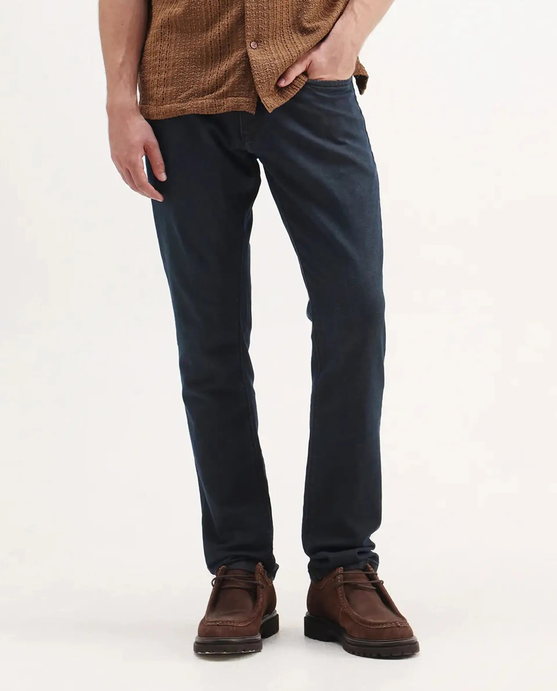 Rare Rabbit Men's Earth-2 Navy Cotton Plain Hawk Slim Fit Jeans