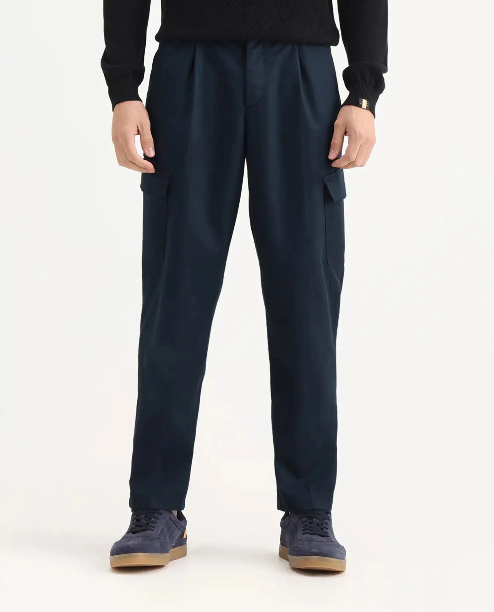 Rare Rabbit Men's Eber Navy Cotton Plain Regular Fit Trouser