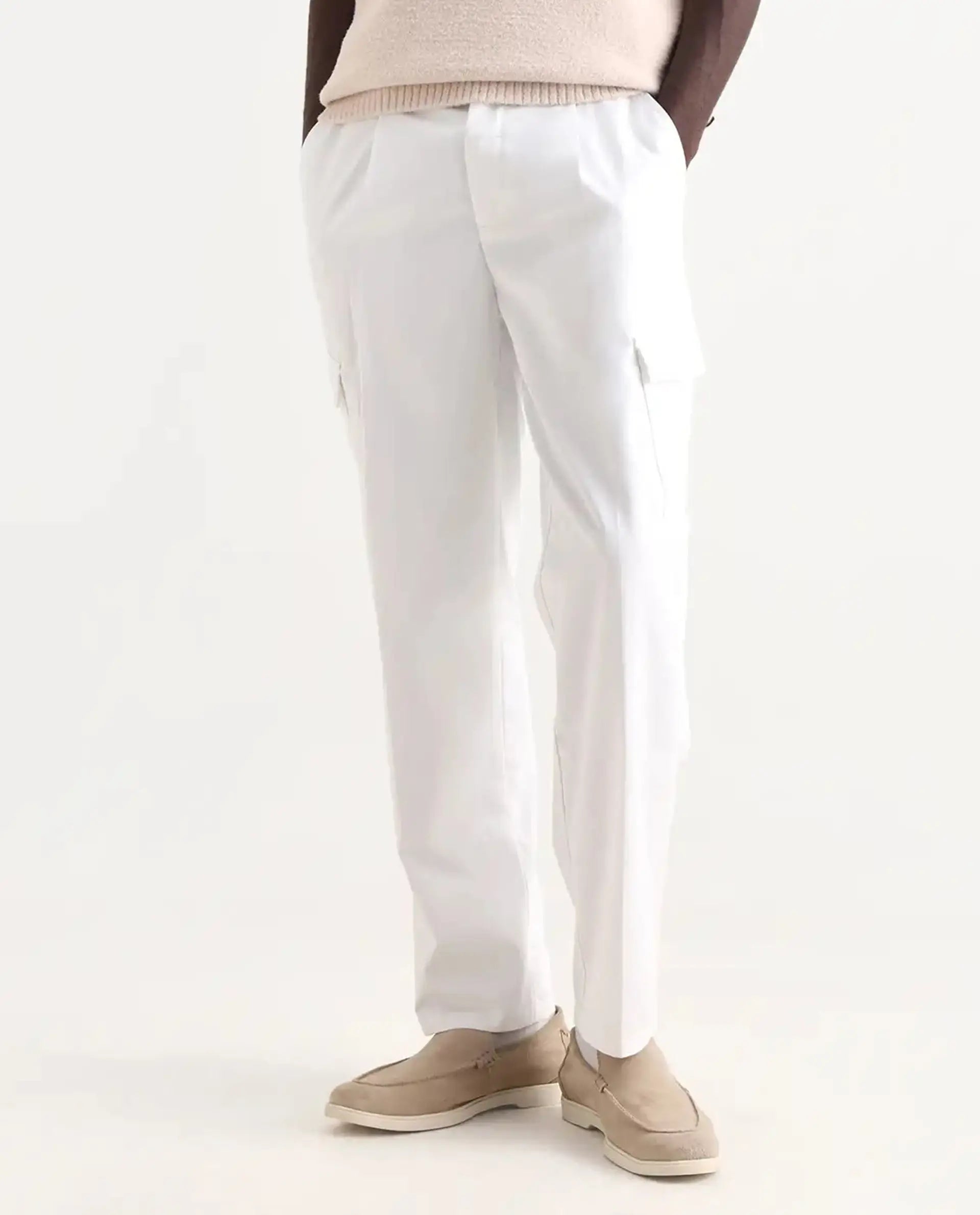 Rare Rabbit Men's Eber White Cotton Plain Regular Fit Trouser