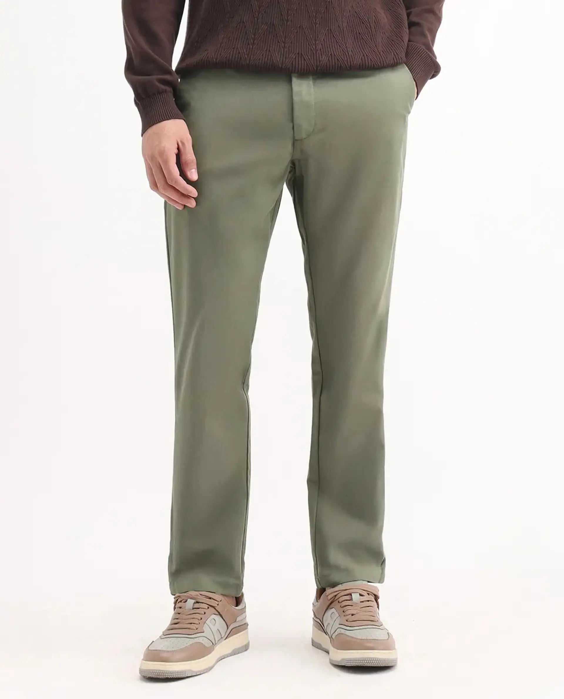 Rare Rabbit Men's Ebert Olive Cotton Plain Regular Fit Trouser