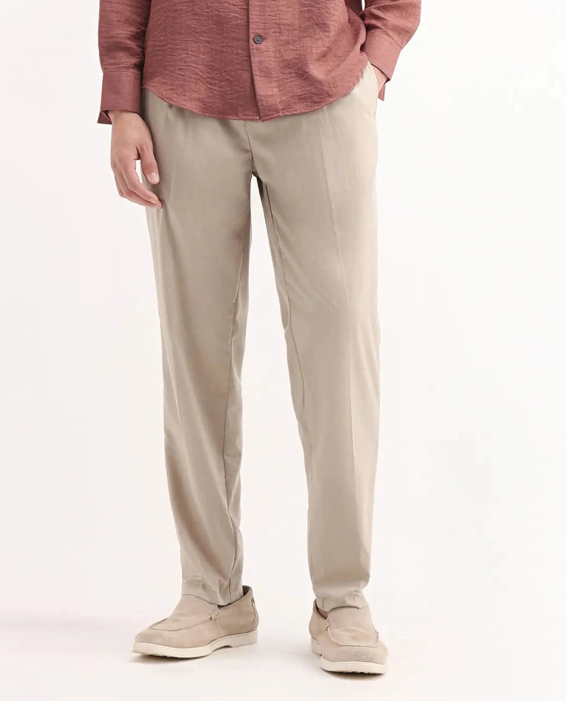 Rare Rabbit Men's Echo Beige Cotton Plain Regular Fit Trouser