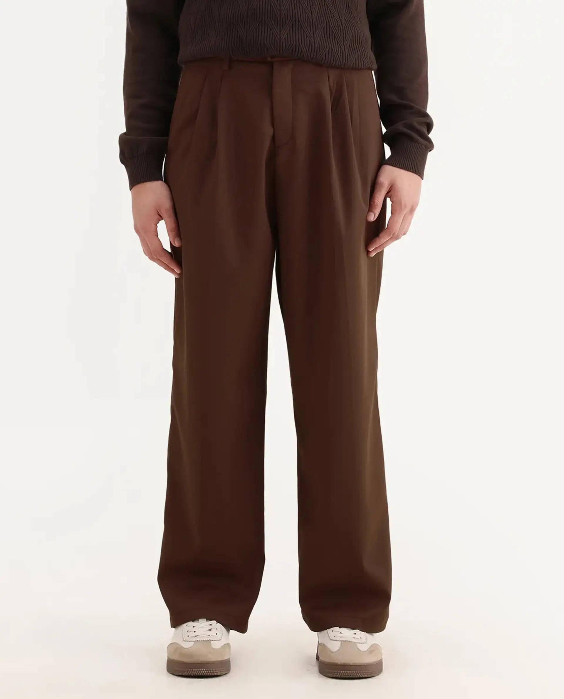 Rare Rabbit Men's Enzot Brown Polyester Blend Plain Relaxed Fit Trouser
