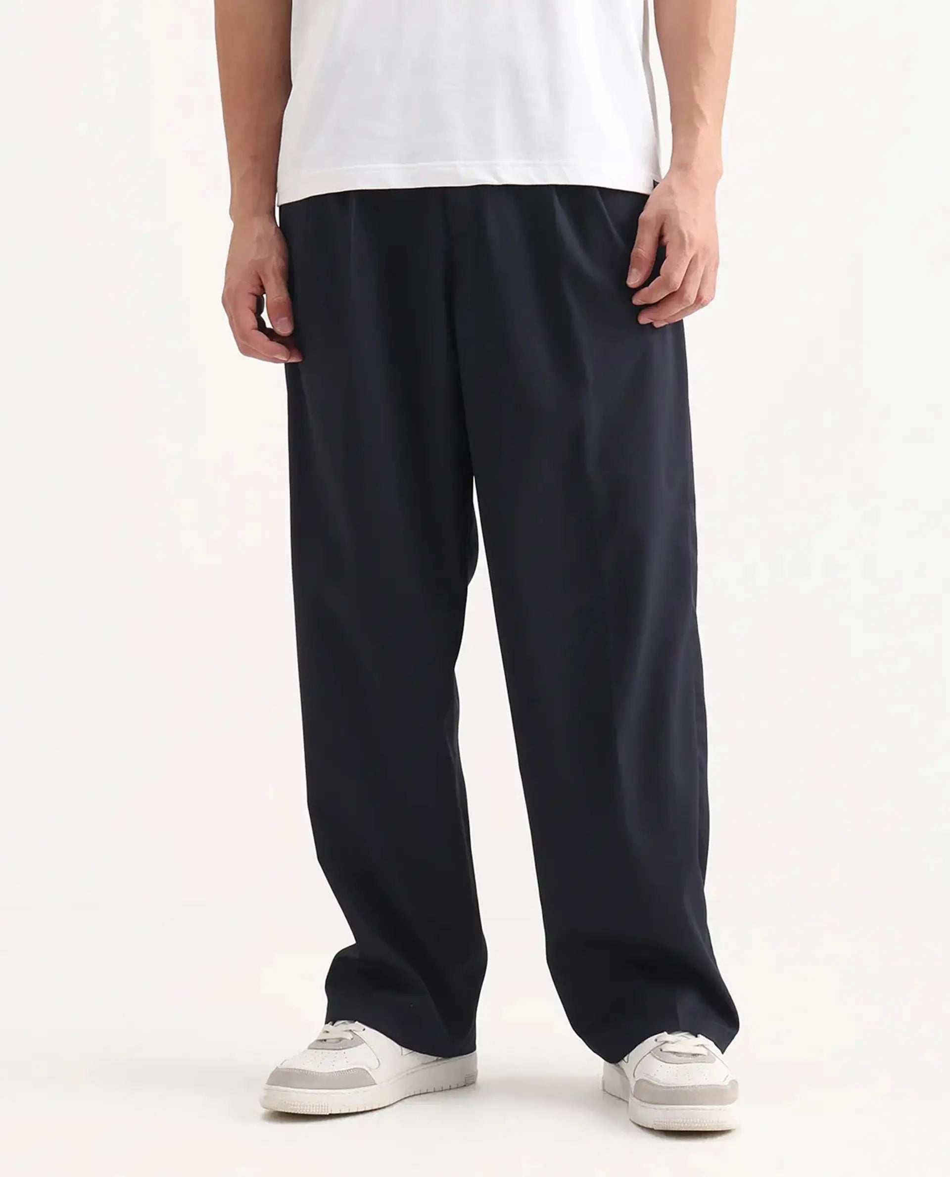 Rare Rabbit Men's Enzot Navy Polyester Blend Plain Relaxed Fit Trouser