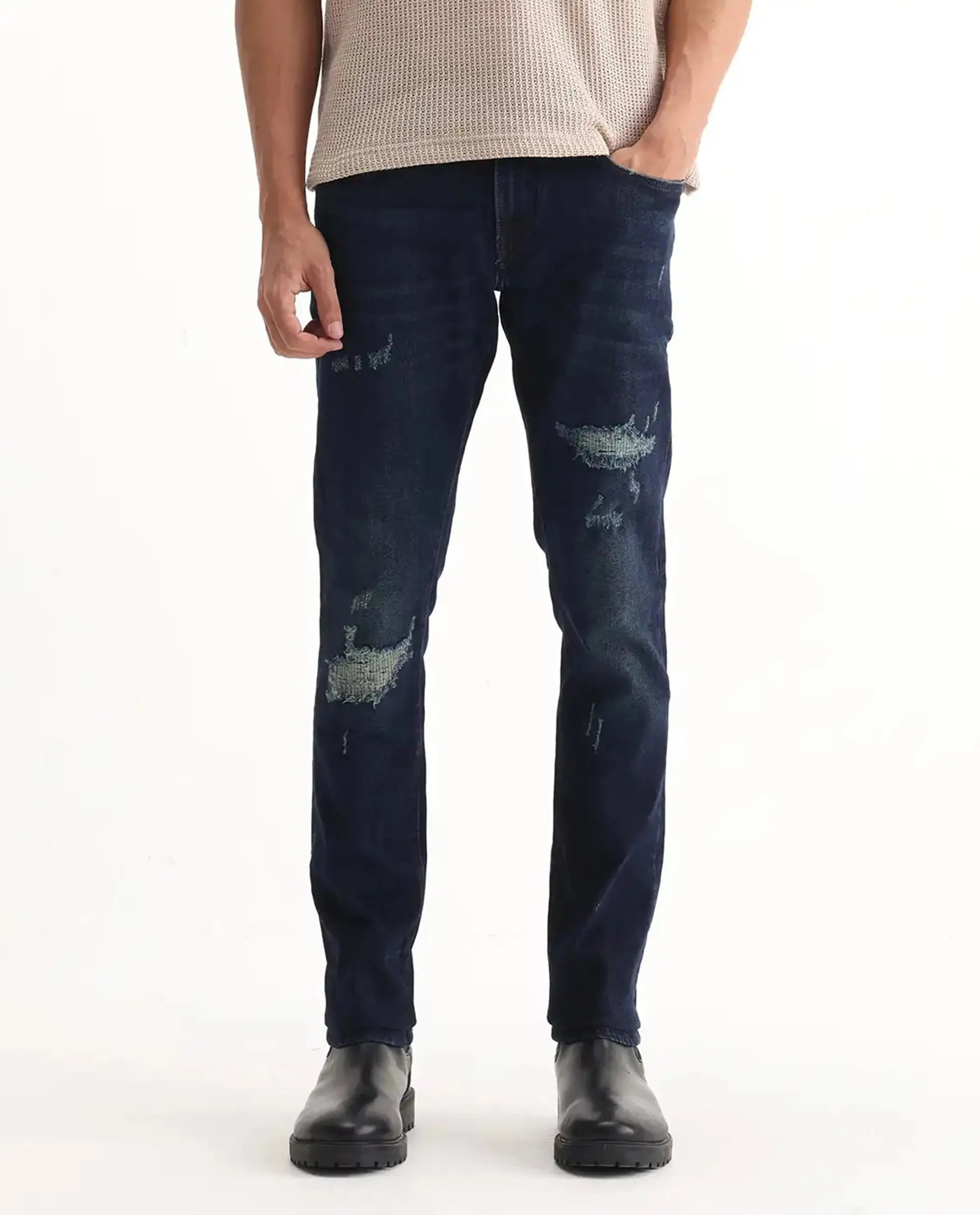 Rare Rabbit Men's Erie Dusky Blue Cotton Blend Plain Hawk Slim Fit Jeans
