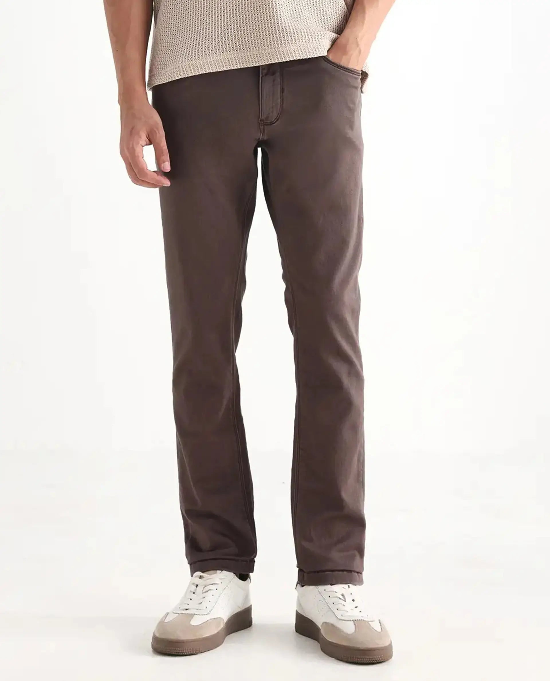Rare Rabbit Men's Essen Dark Brown Cotton Plain Hawk Slim Fit Jeans